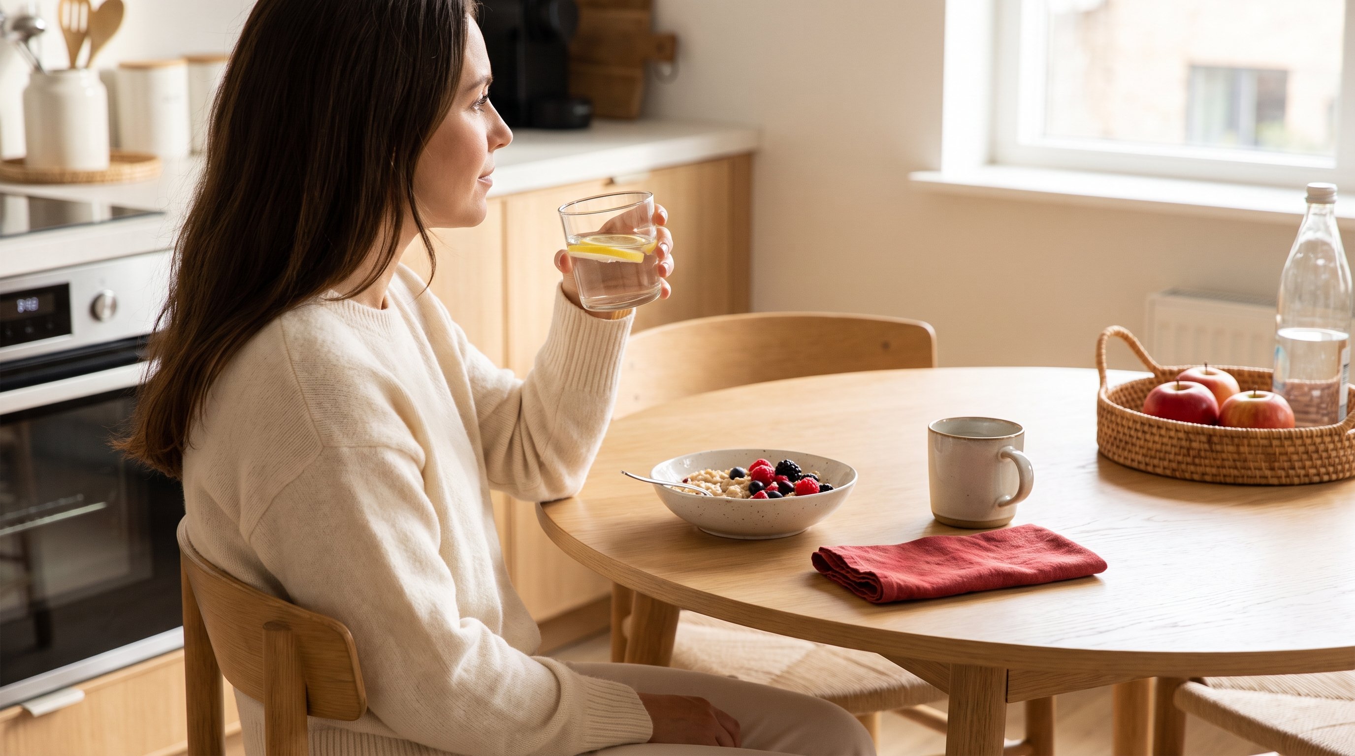 A woman in her 30s relaxing with a glass of water after a meal at a light wood table