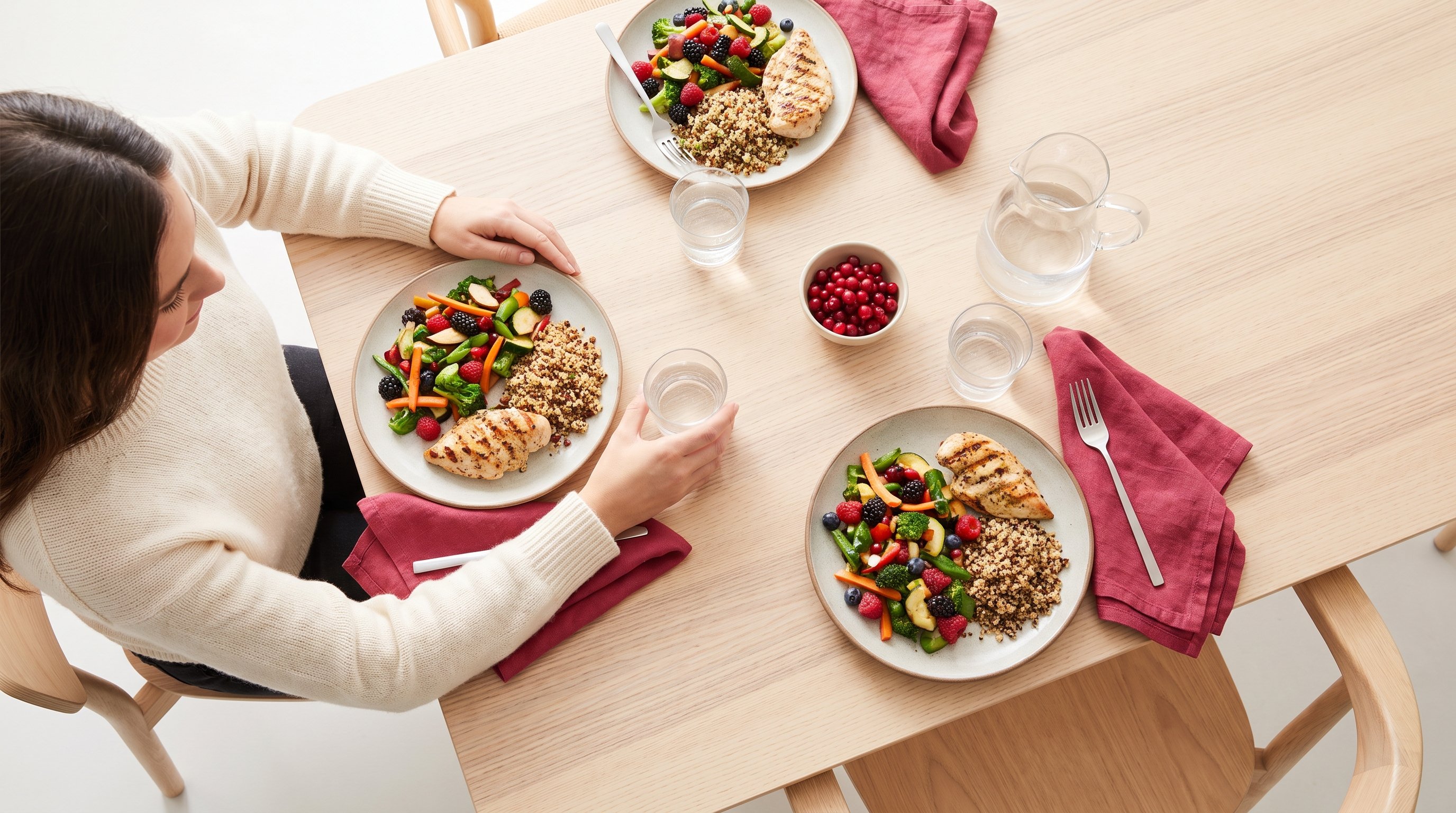 family sharing a meal with separate protein portions on plates