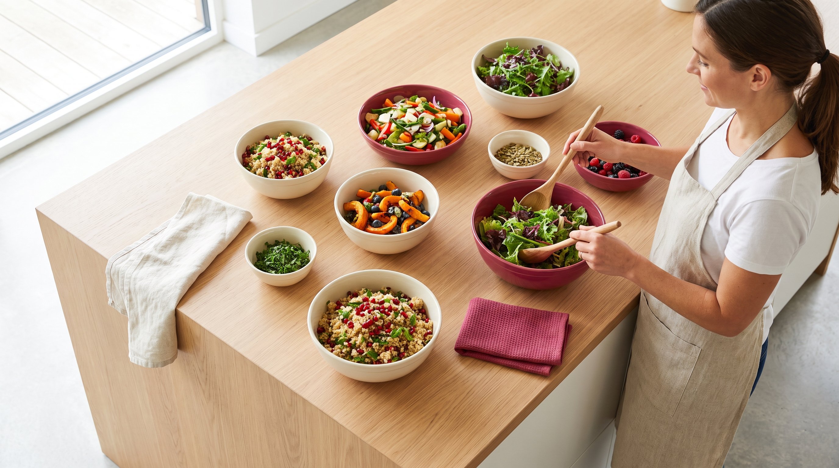 wooden table with fresh vegetables and grains in bowls