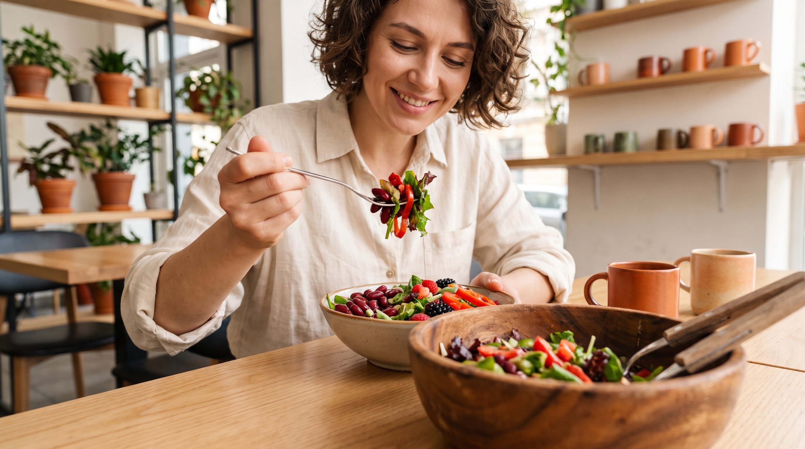 A woman in her 30s eating a colourful salad with beans and greens at a light wood table
