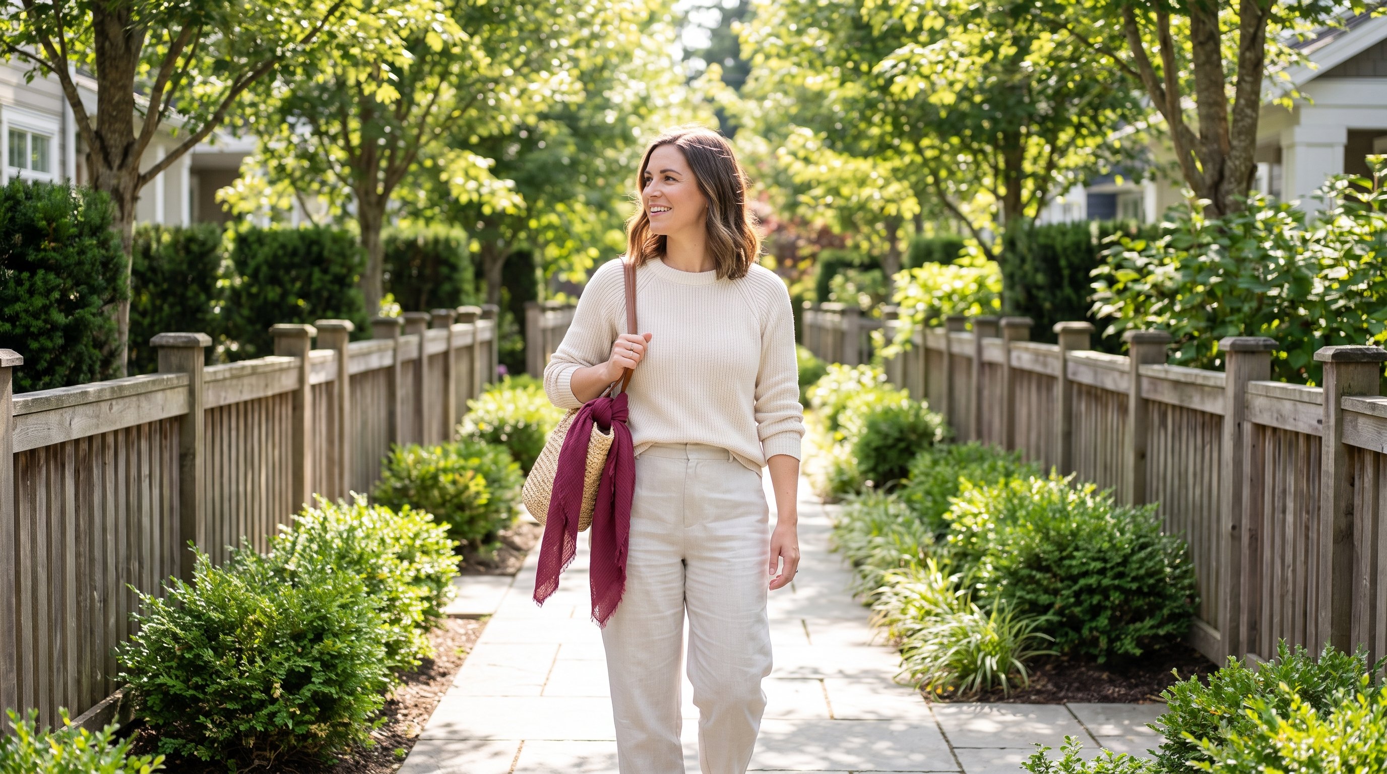 A woman in her 30s walking outdoors on a sunny neighbourhood path
