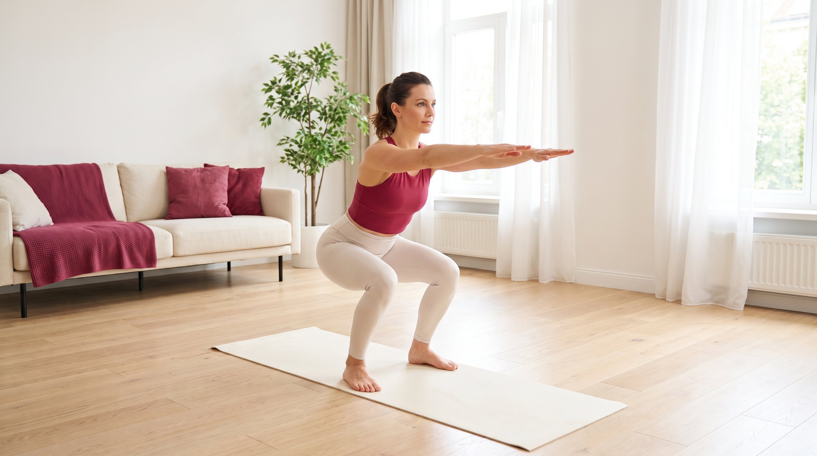 Older adult doing a bodyweight squat in a bright living room