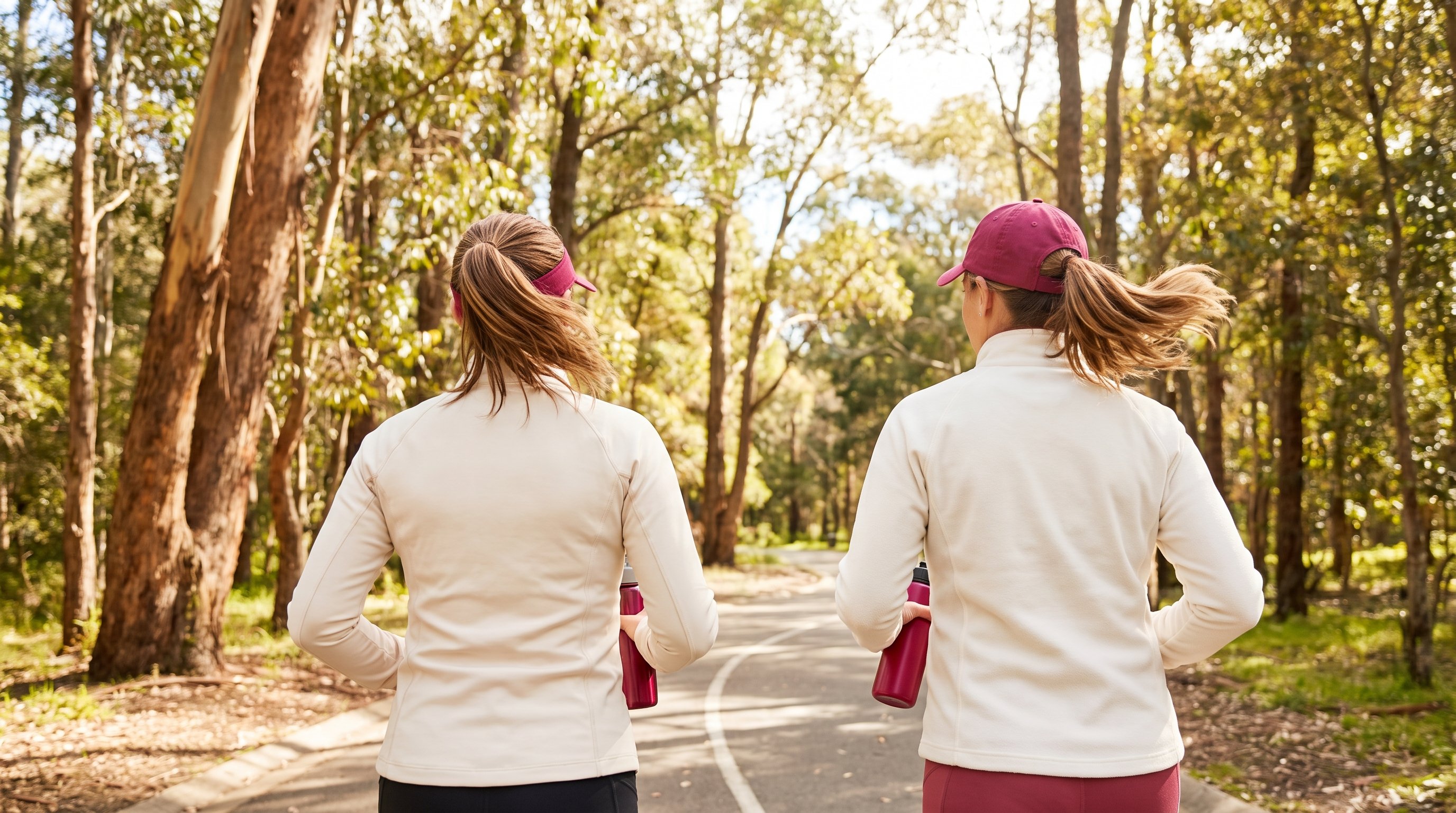 two people walking side by side on a tree lined path