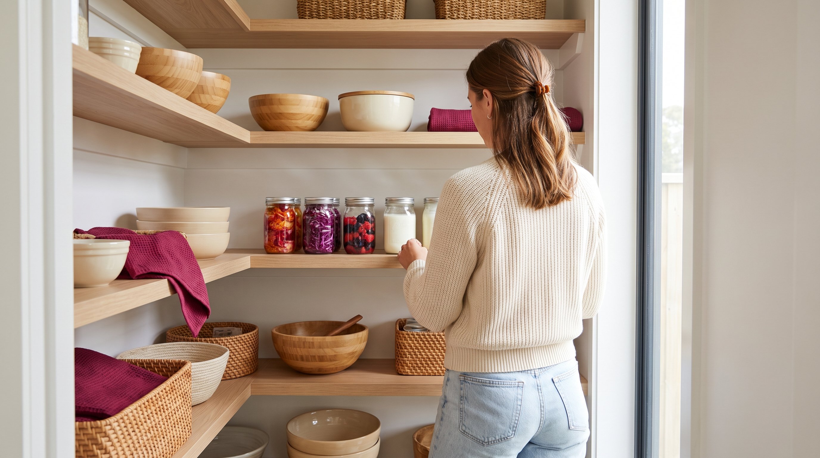 jars of fermented vegetables and yoghurt lined up on shelf