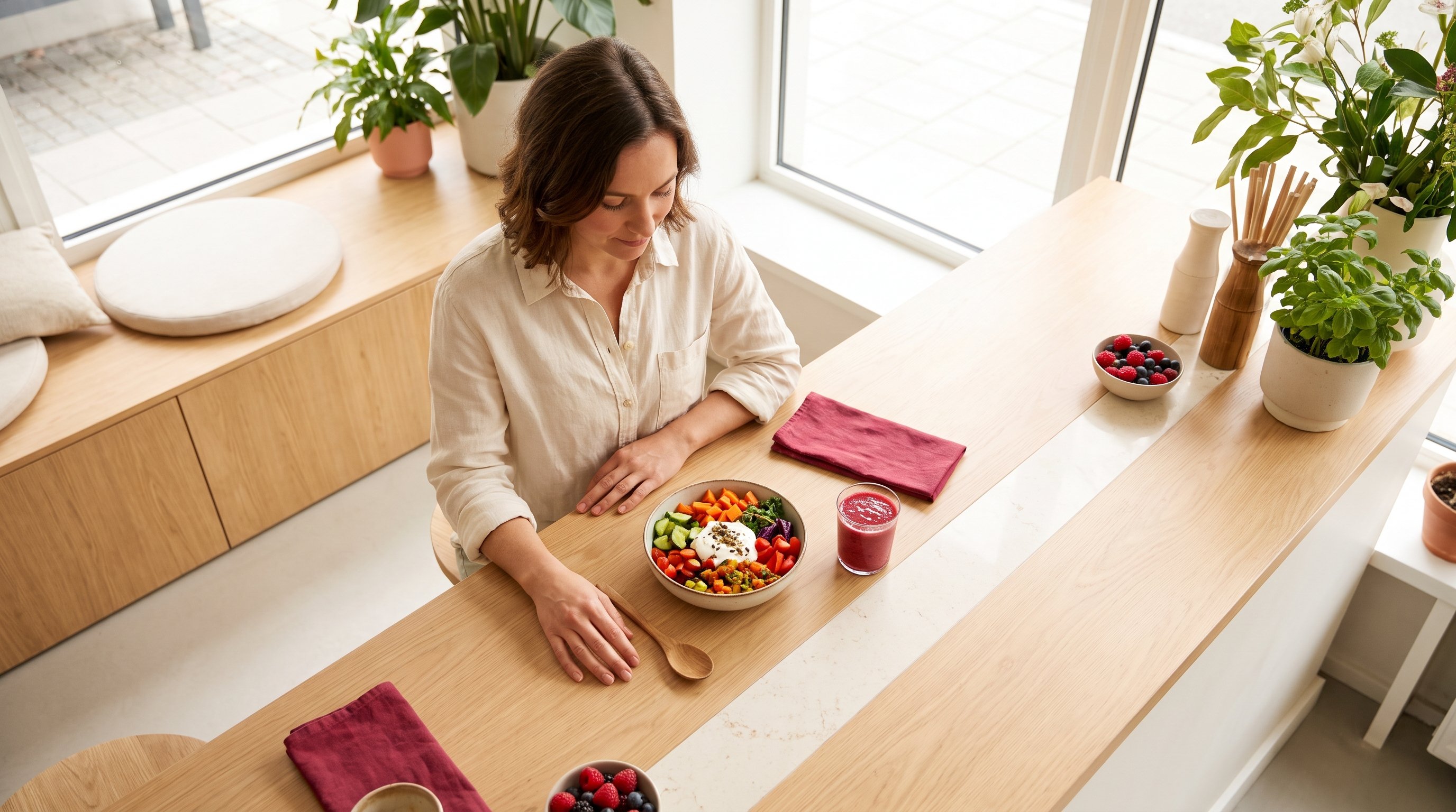 colourful bowl of vegetables, yoghurt and seeds on kitchen table