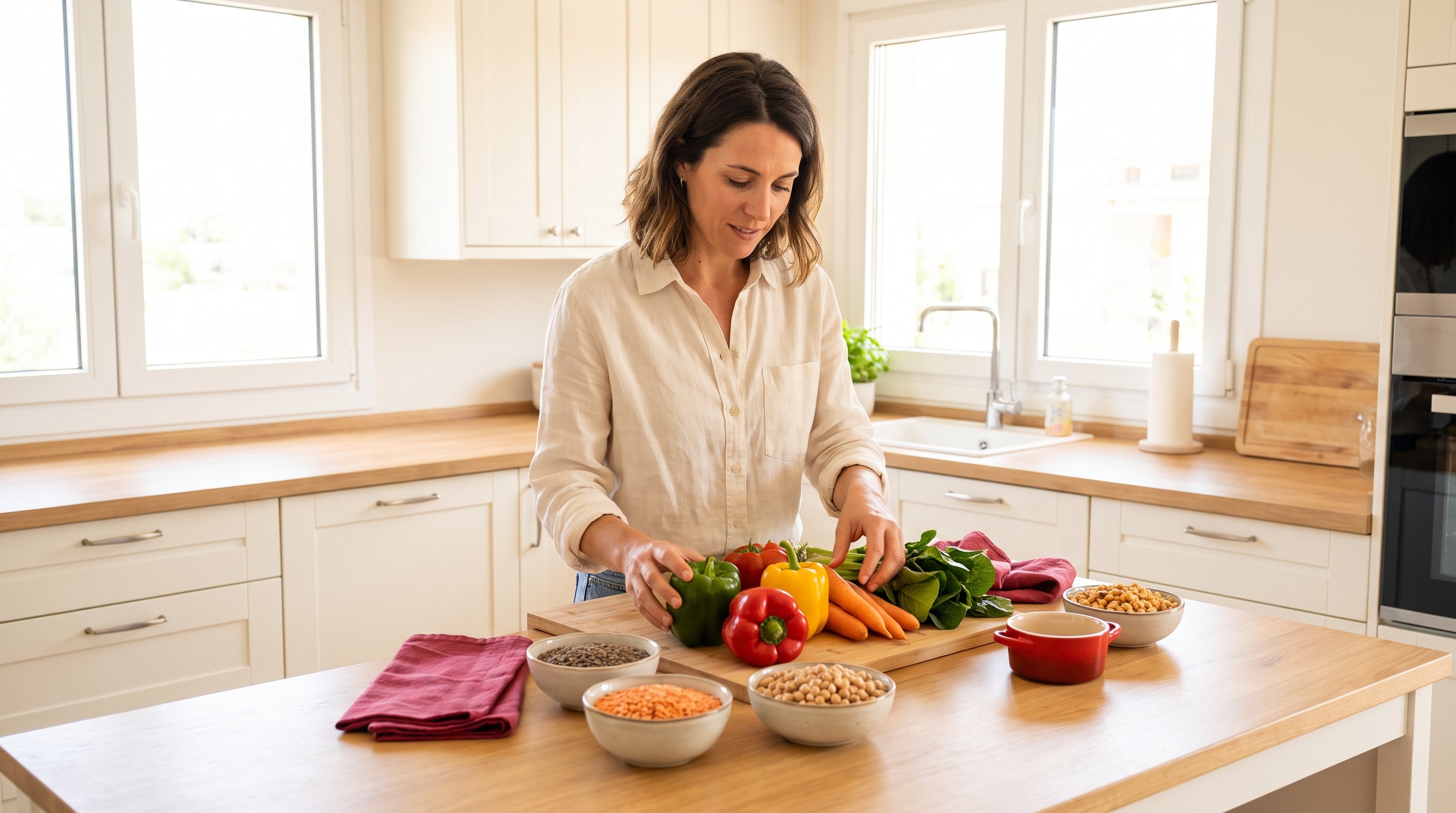 person chopping vegetables and legumes on wooden kitchen counter