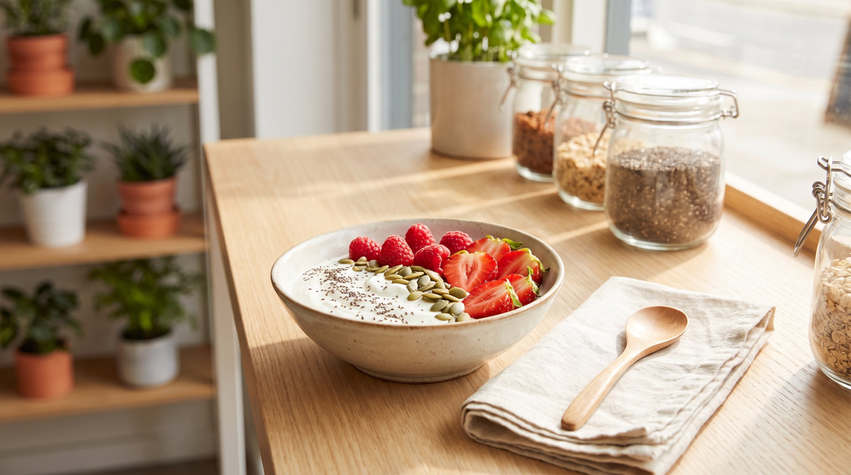 bowl of greek yoghurt topped with berries and seeds on a table