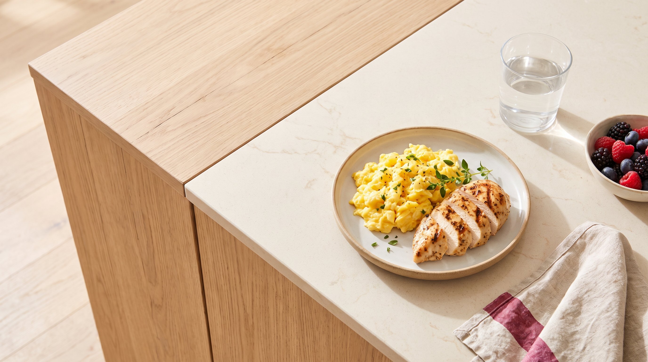 plate of eggs and grilled chicken breast on a kitchen counter
