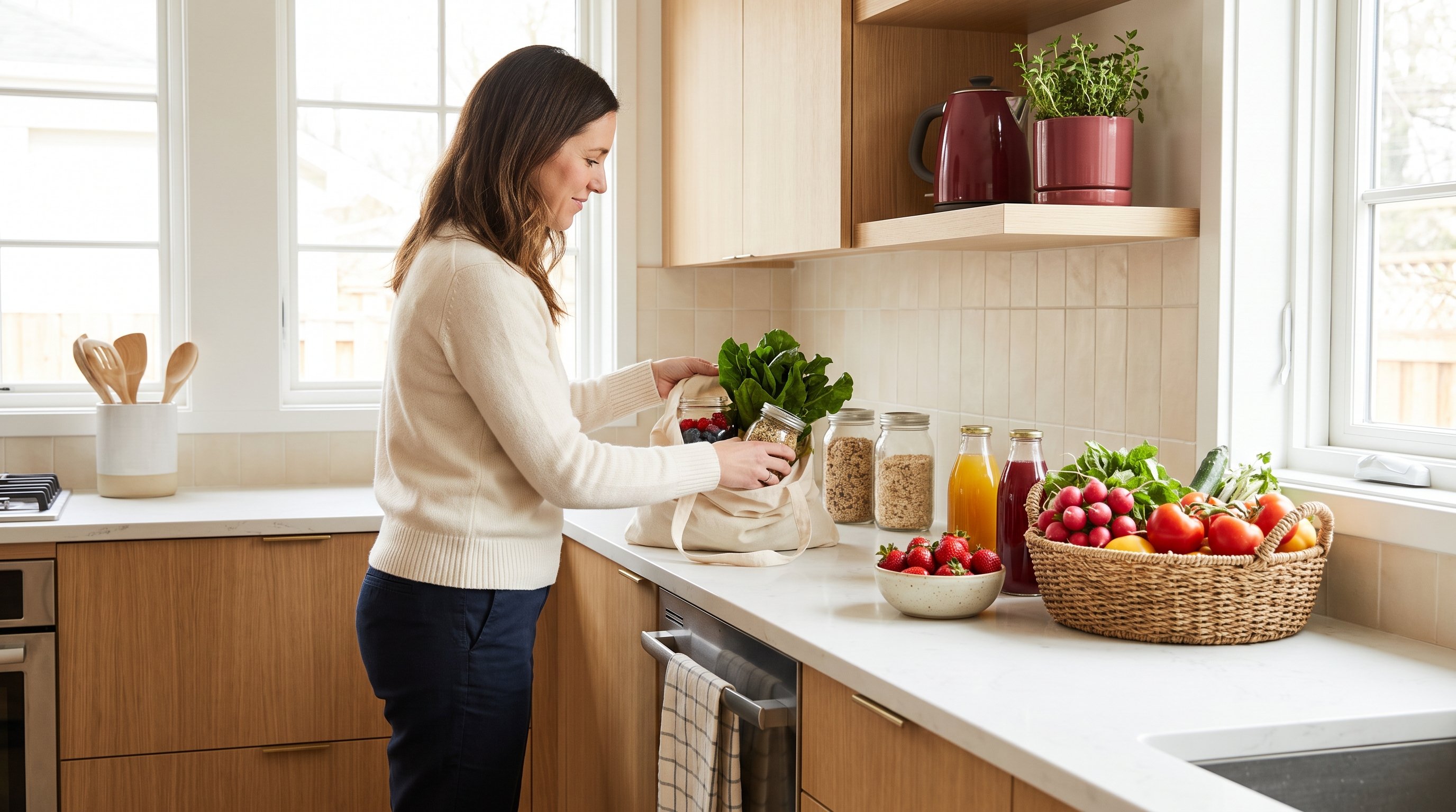 A woman in her 30s putting groceries away in a bright modern kitchen