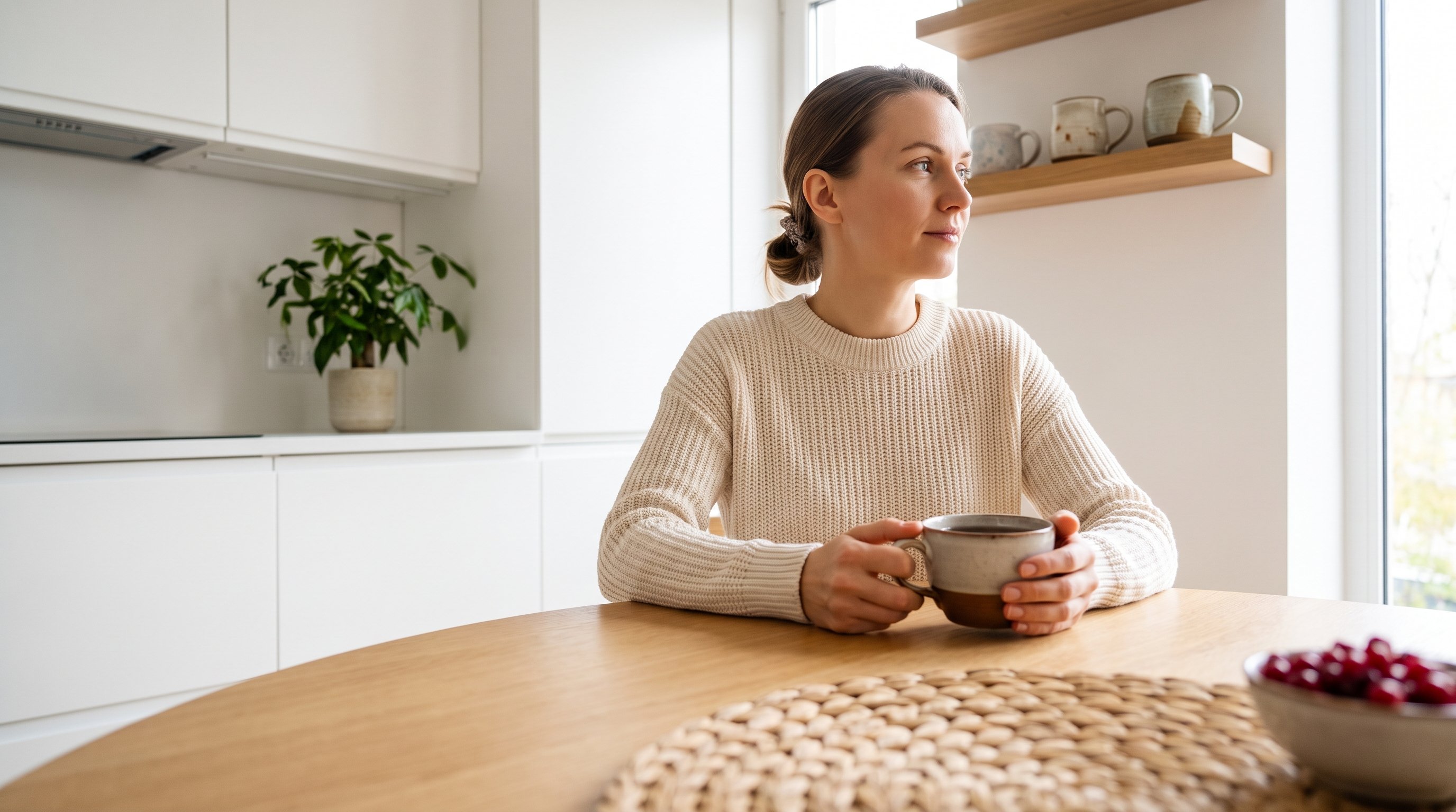 A woman in her 30s sitting calmly at a light wood table with a cup of tea