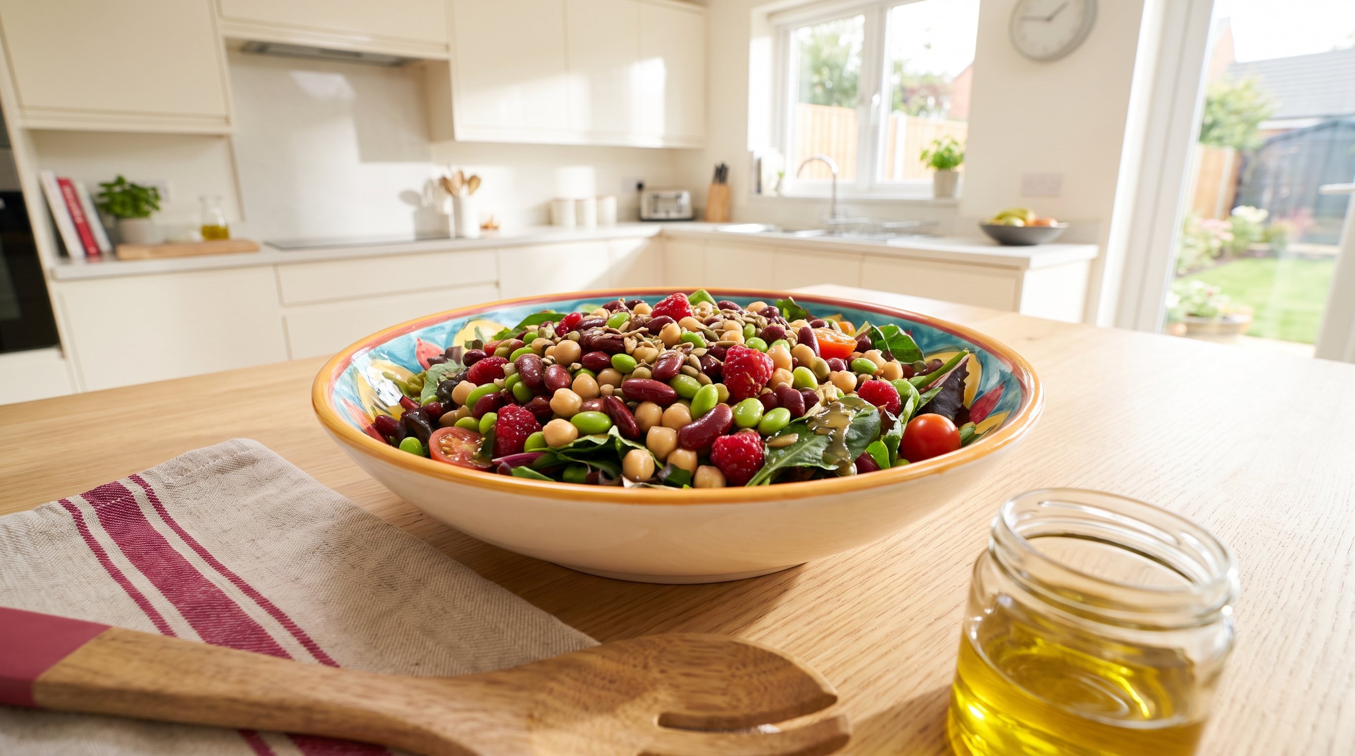 A colourful salad with beans and greens ready to eat on a light wood table