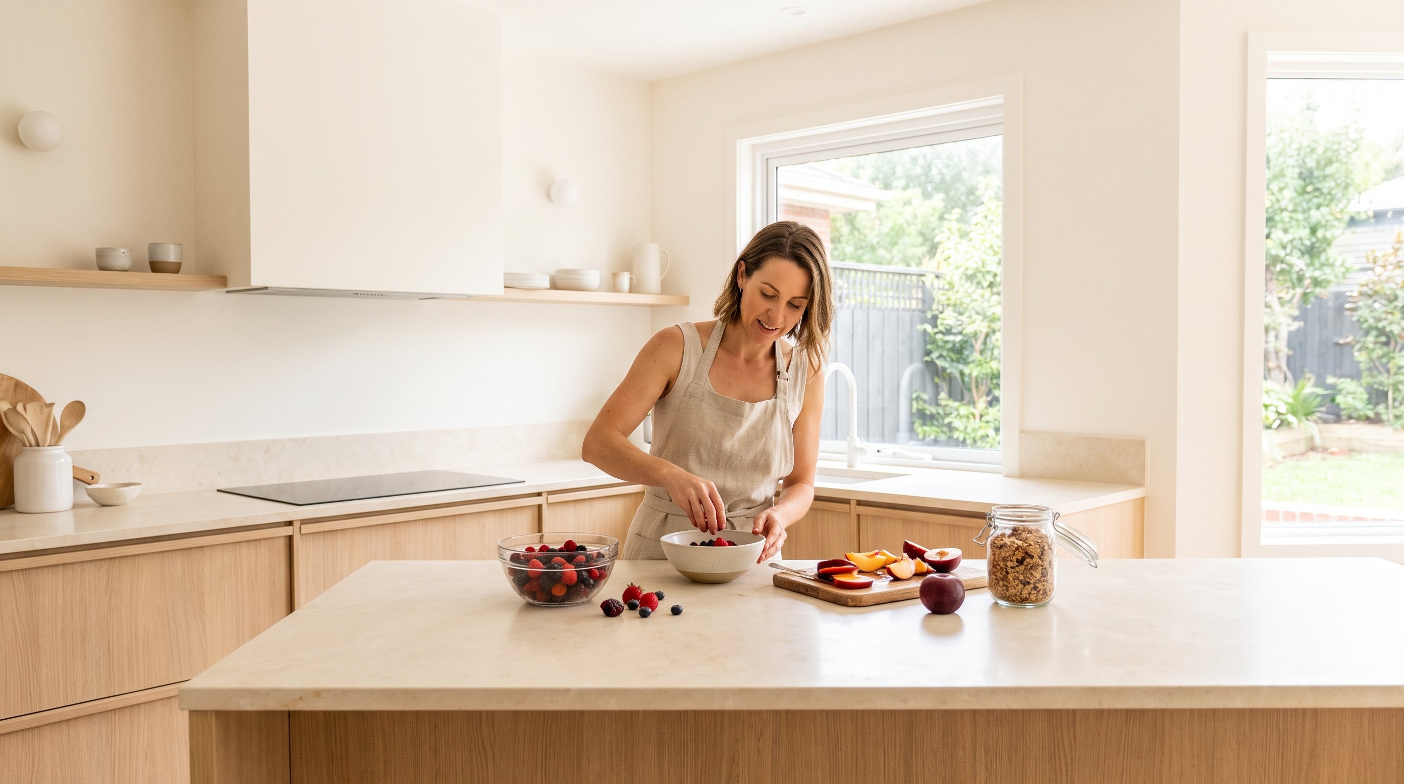 A woman in her 30s preparing a berry smoothie bowl in a bright modern kitchen