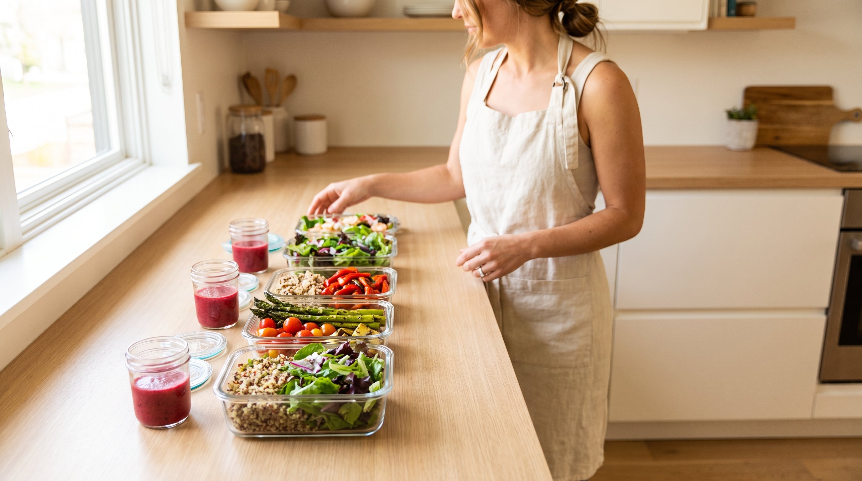 containers of prepped meals lined up on a kitchen counter