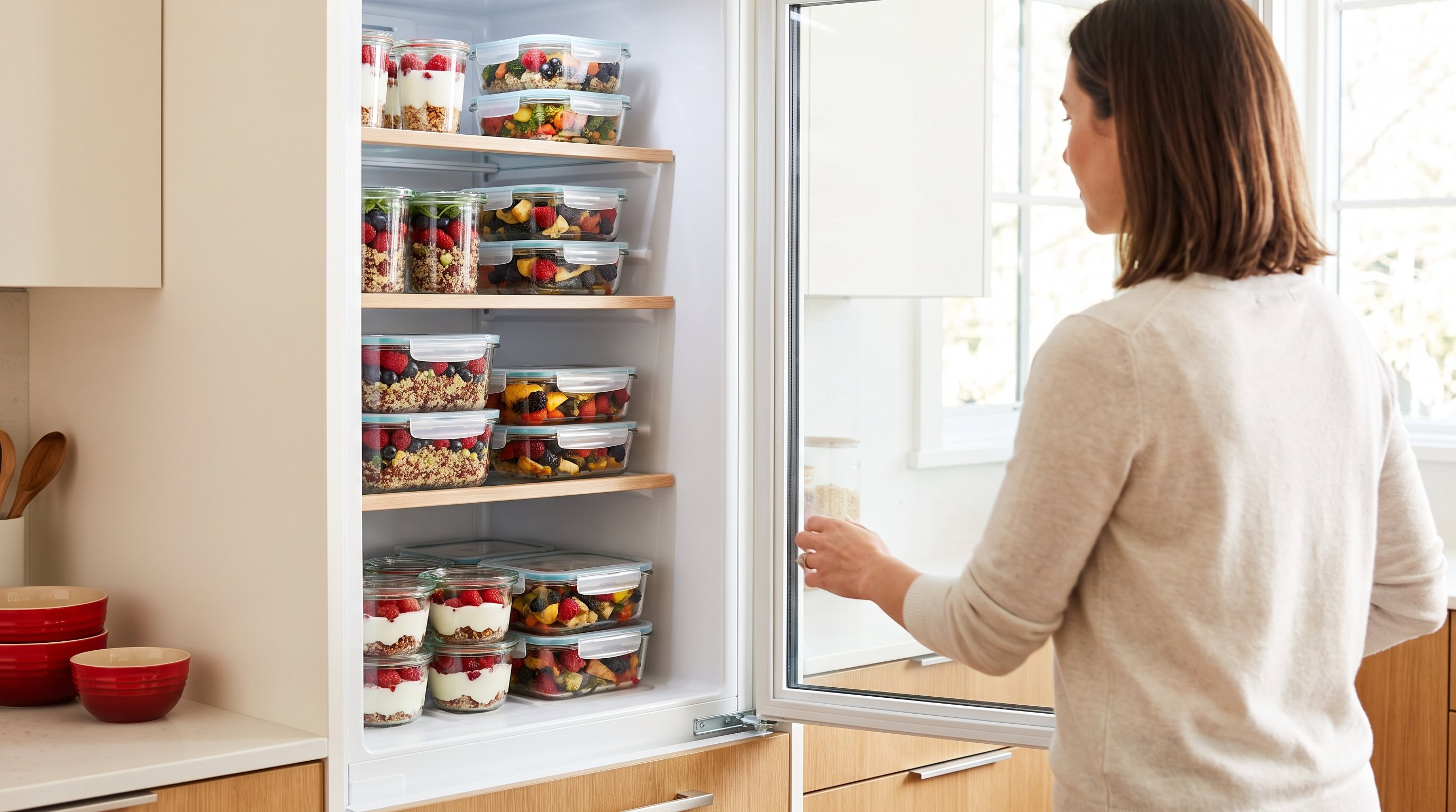 weekly meal containers stacked in a refrigerator shelf