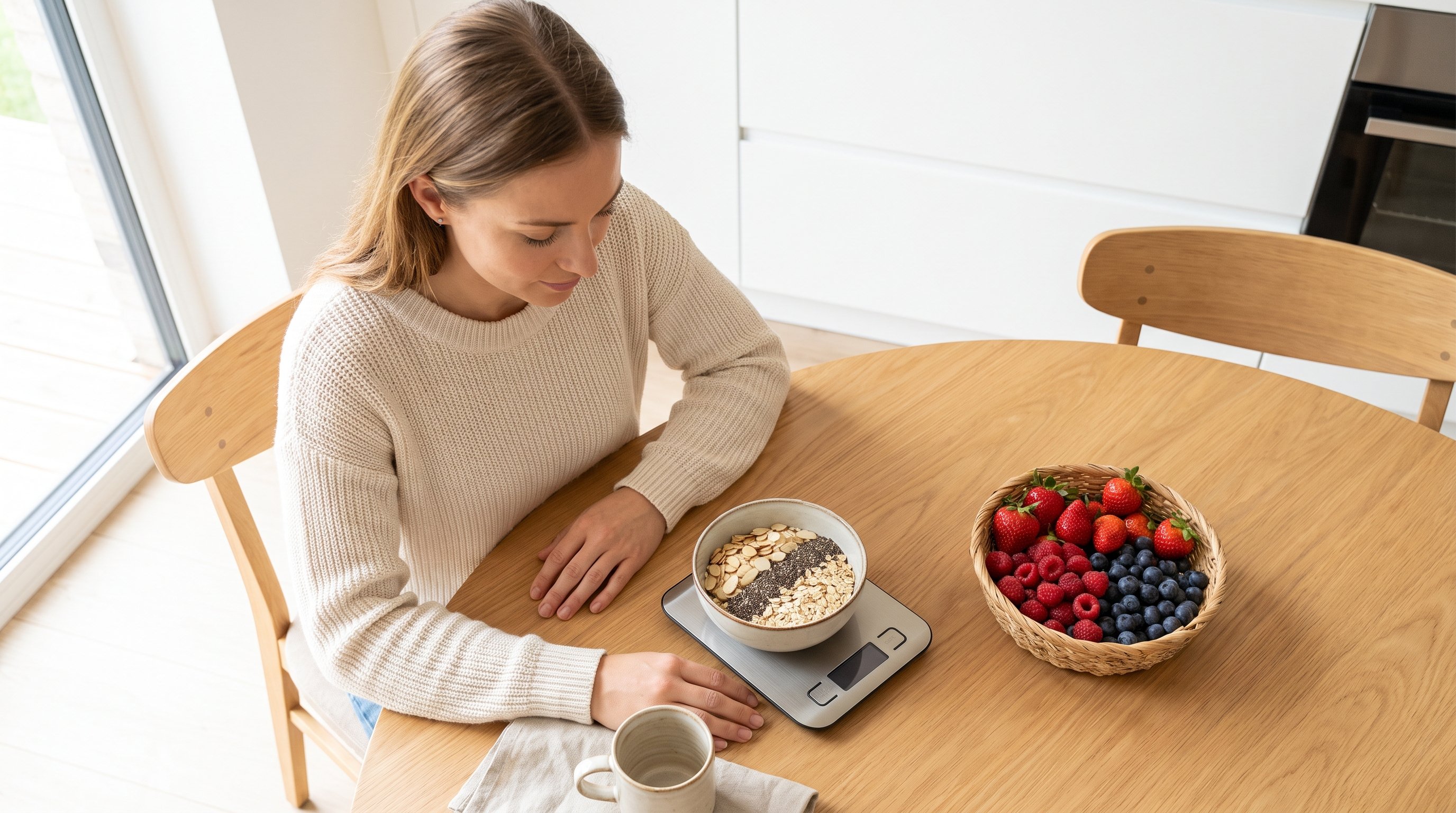 person weighing breakfast oats on kitchen scale