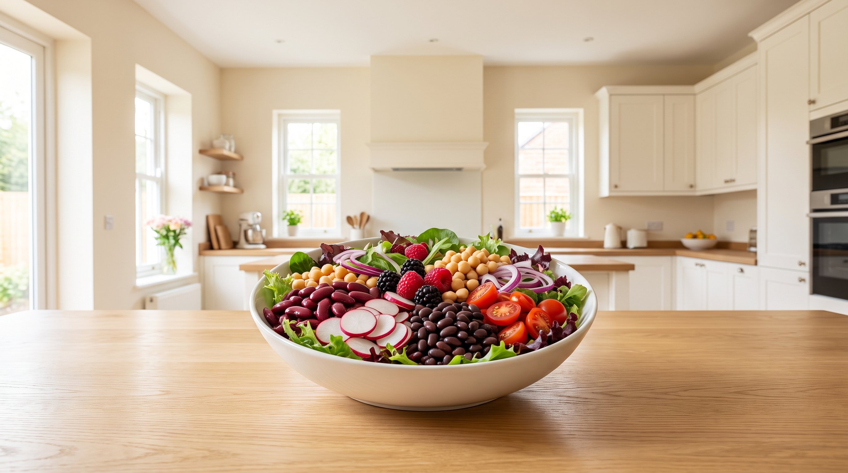 A colourful salad with beans and greens on a light wood table