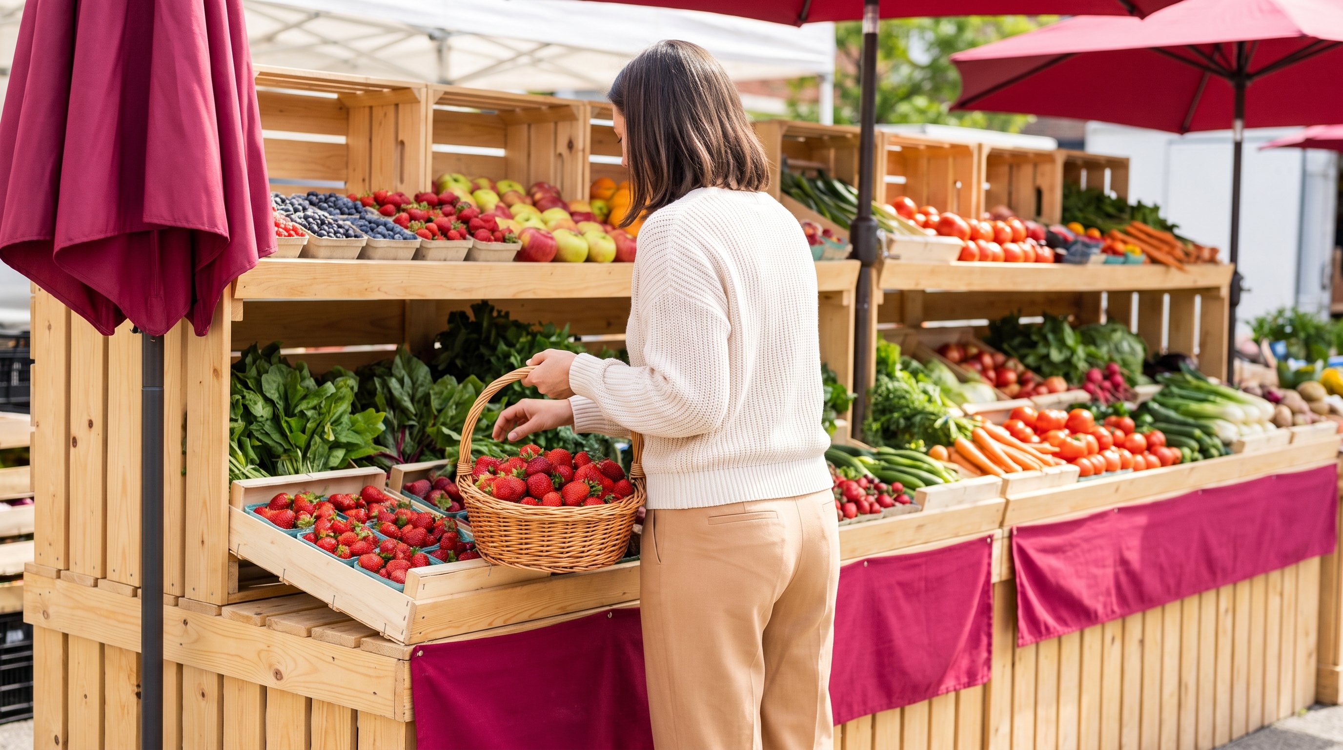A woman in her 30s shopping for fresh produce at a market stall