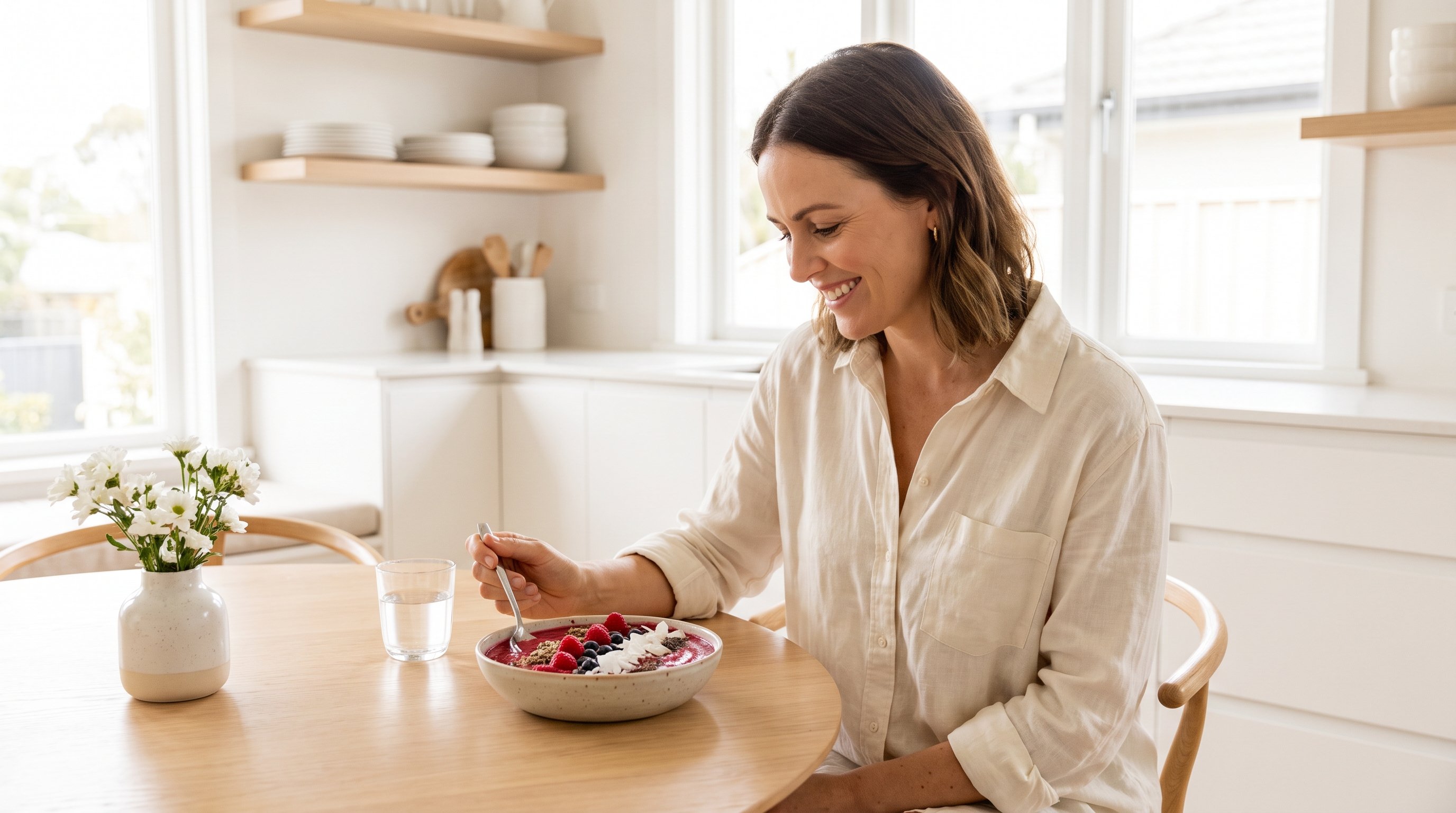 A woman in her 30s enjoying a berry smoothie bowl at a light wood table A woman in her 30s enjoying a berry smoothie bowl at a light wood table