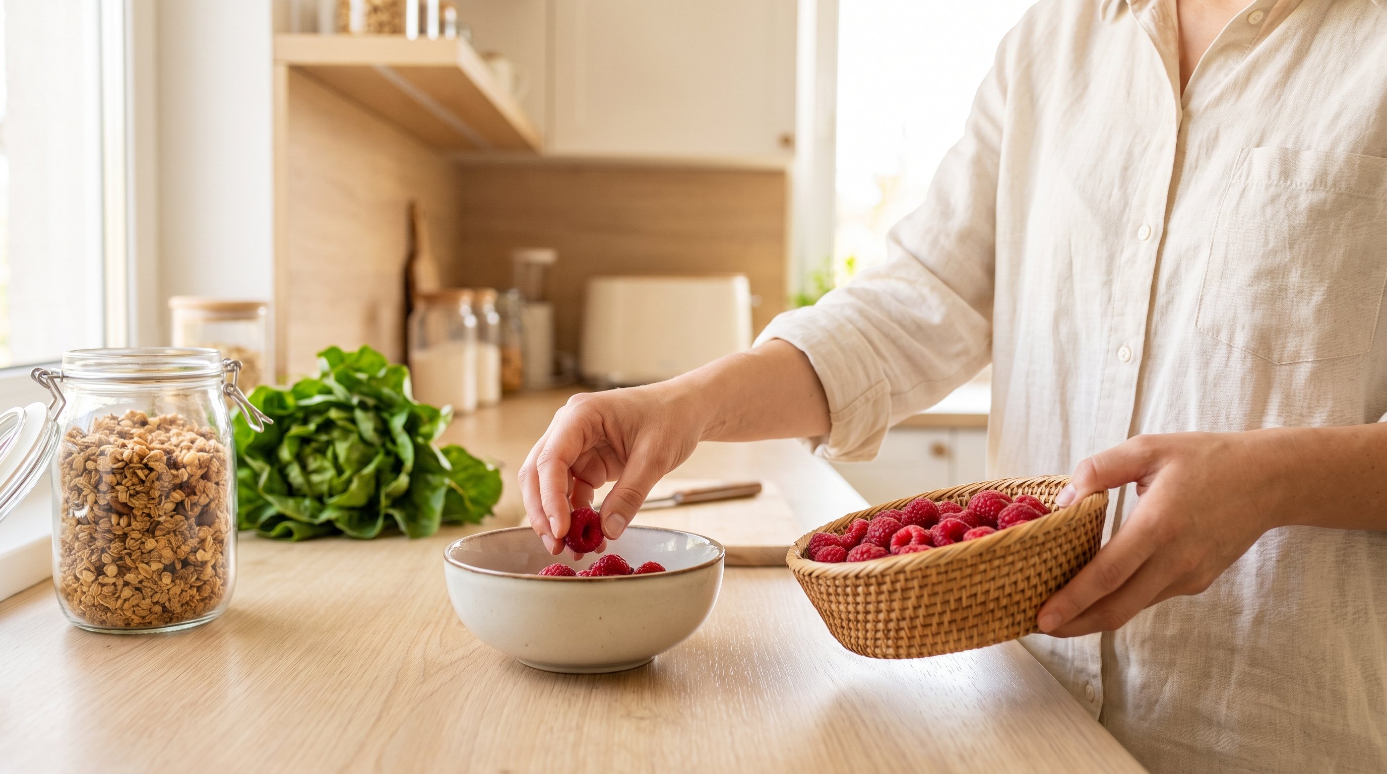 A woman in her 30s putting groceries away in a bright modern kitchen