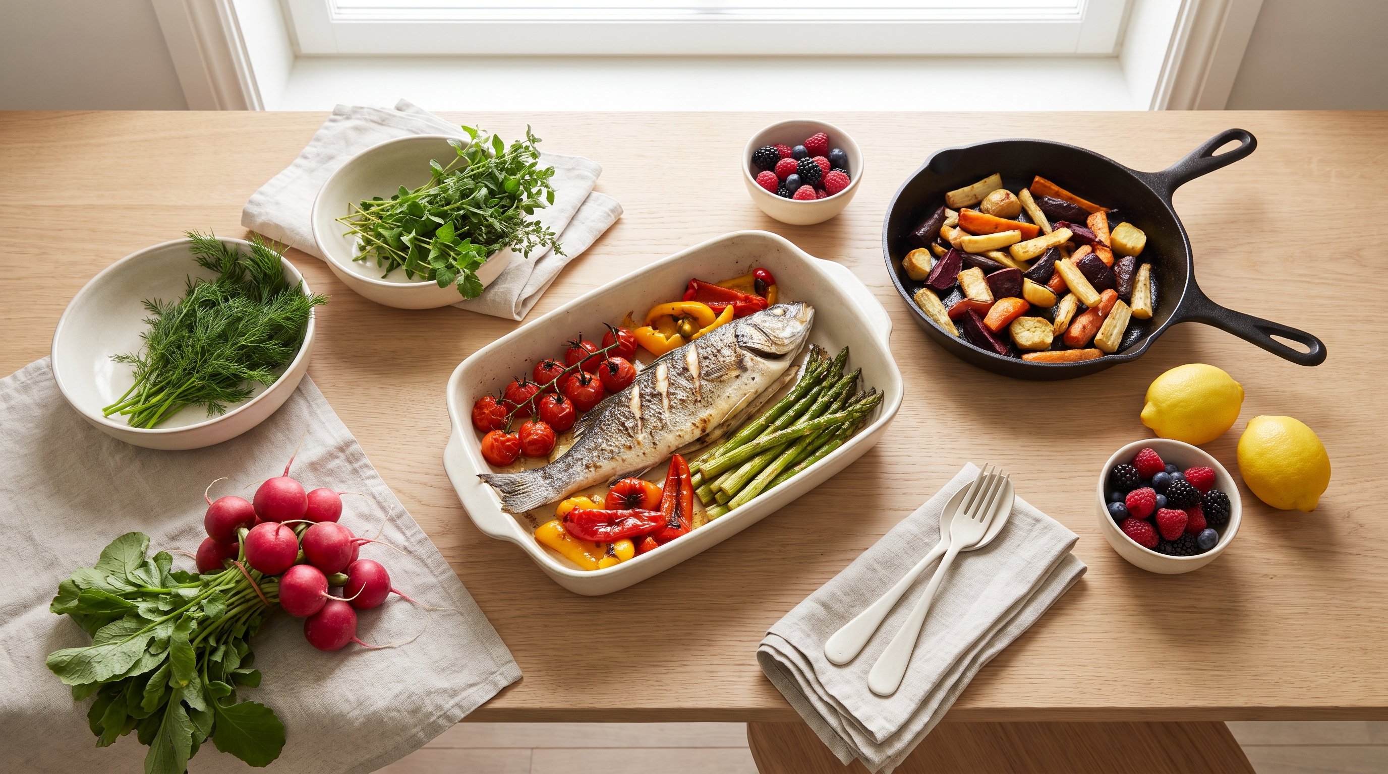 Grilled fish with roasted vegetables beside fresh ingredients on a light wood table