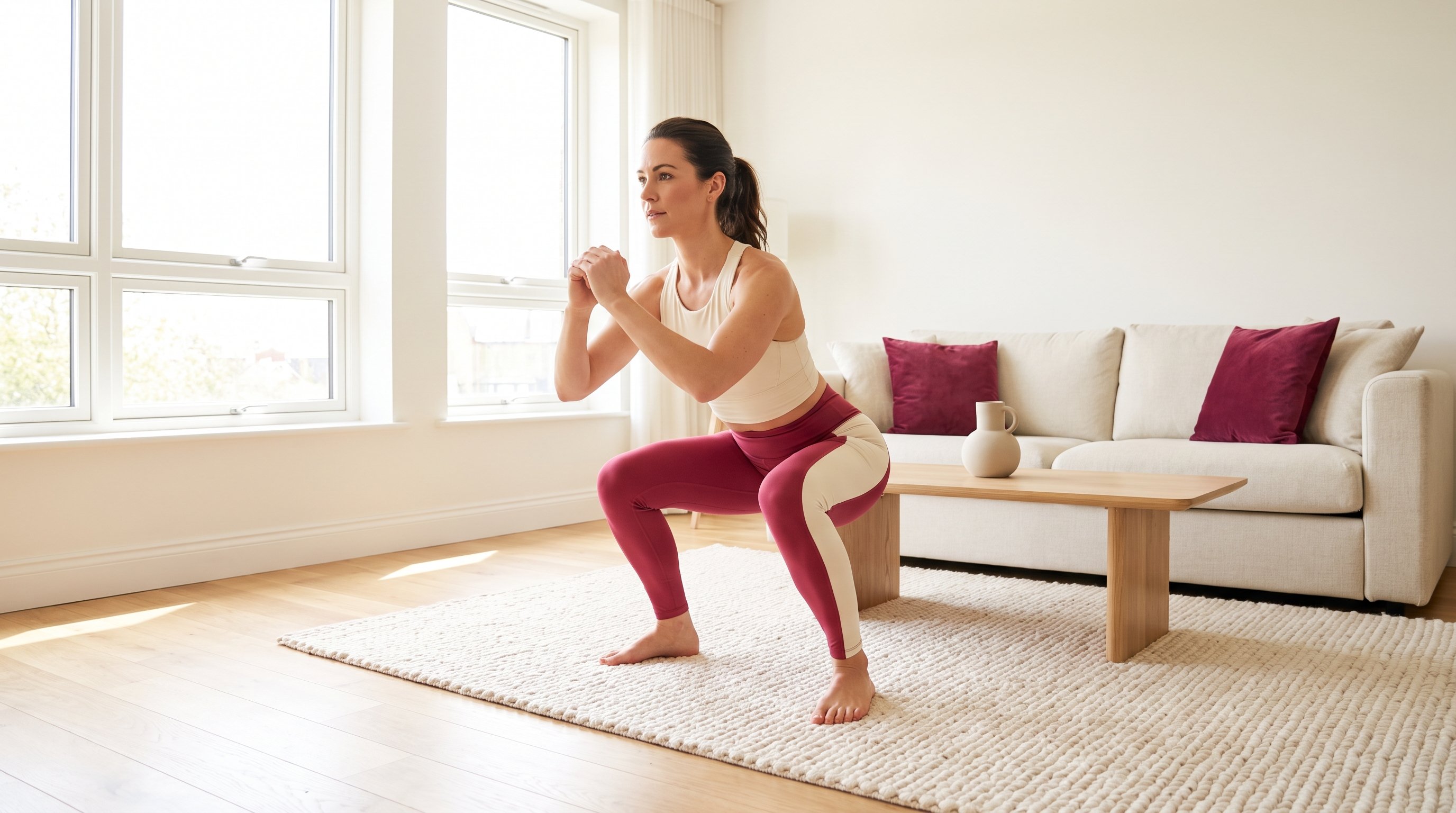 person doing bodyweight squats on a living room rug