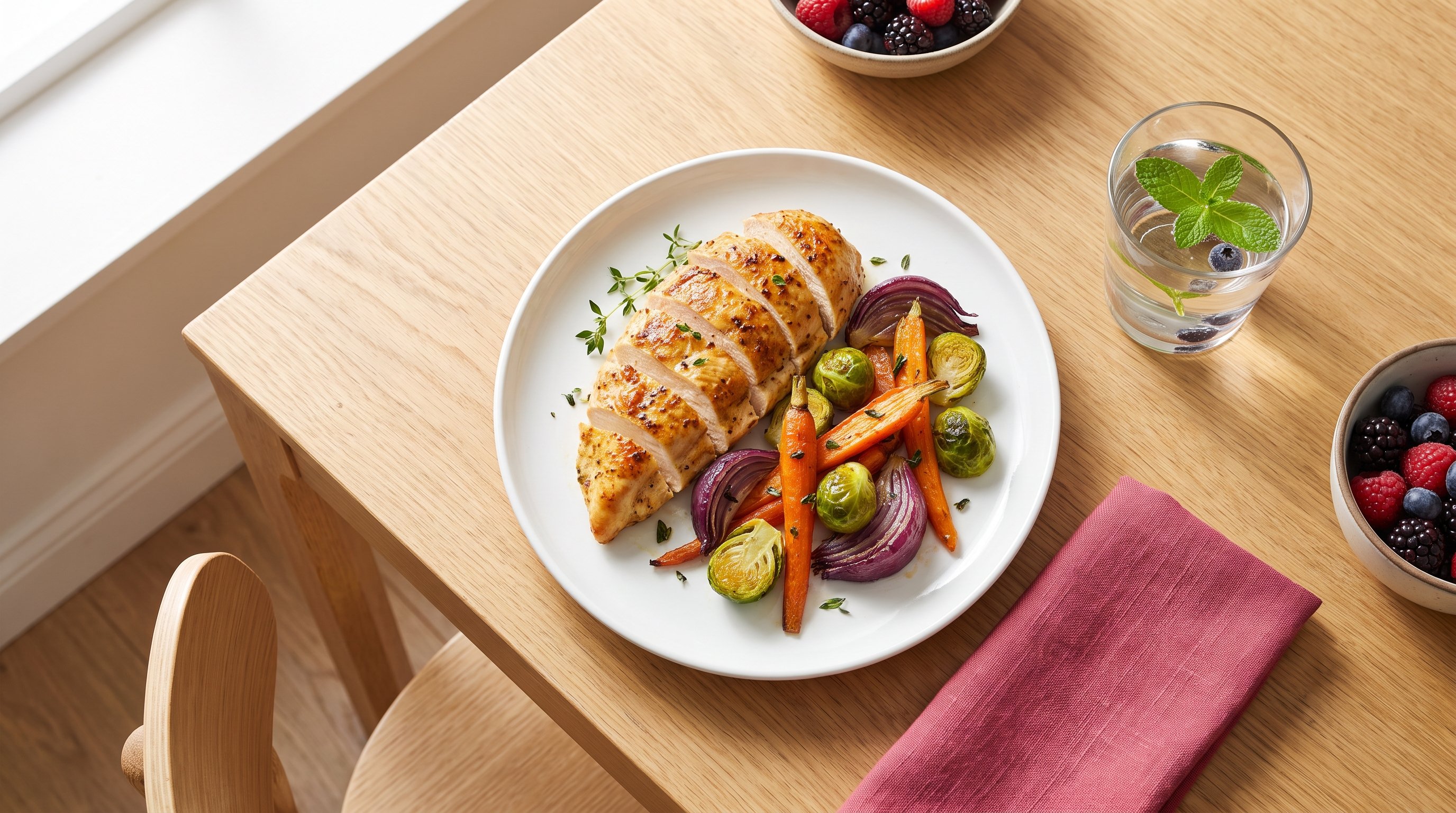 plate of balanced meal with vegetables and lean protein on kitchen counter