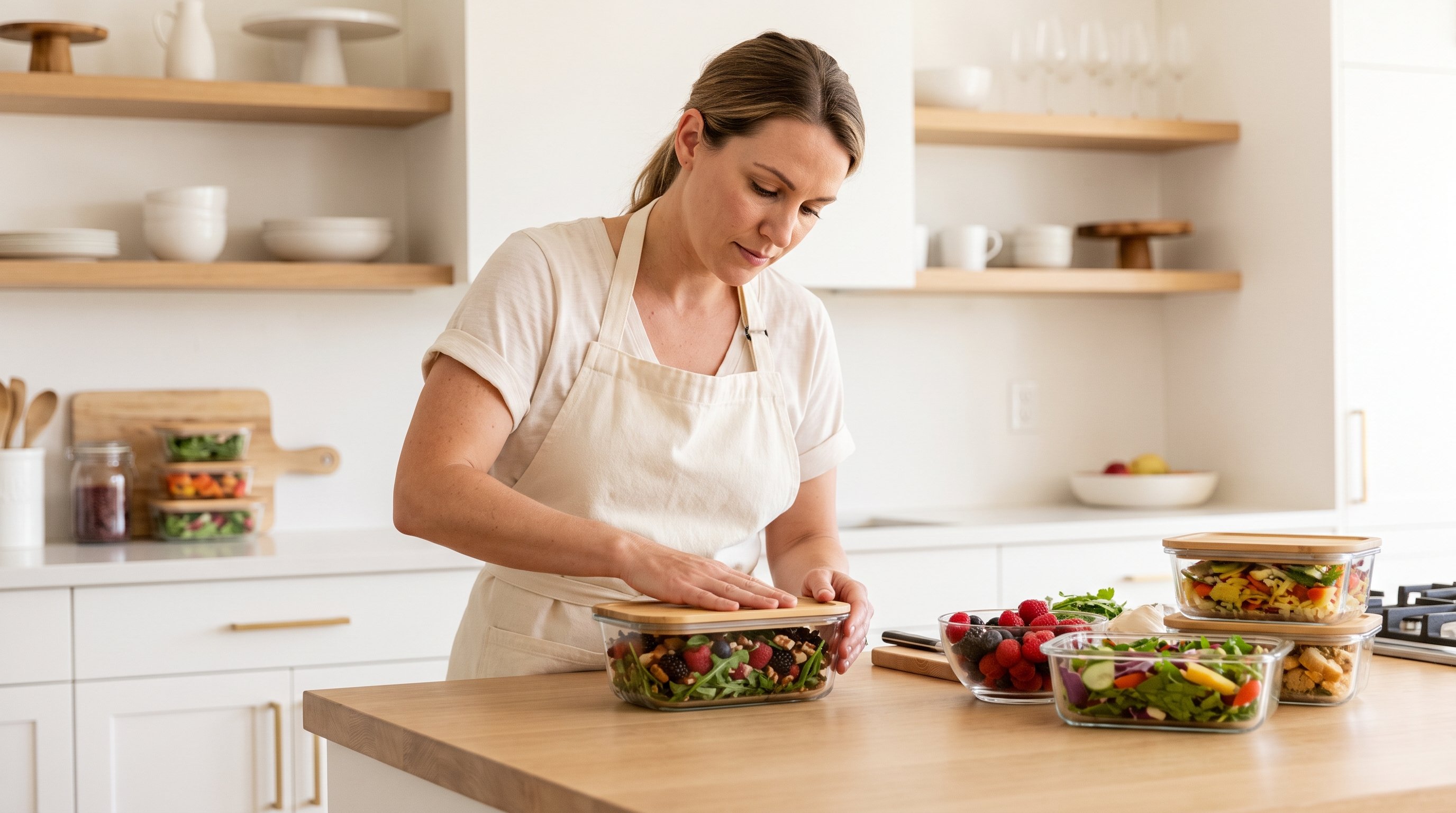 person packing lunch containers at a kitchen counter in the morning