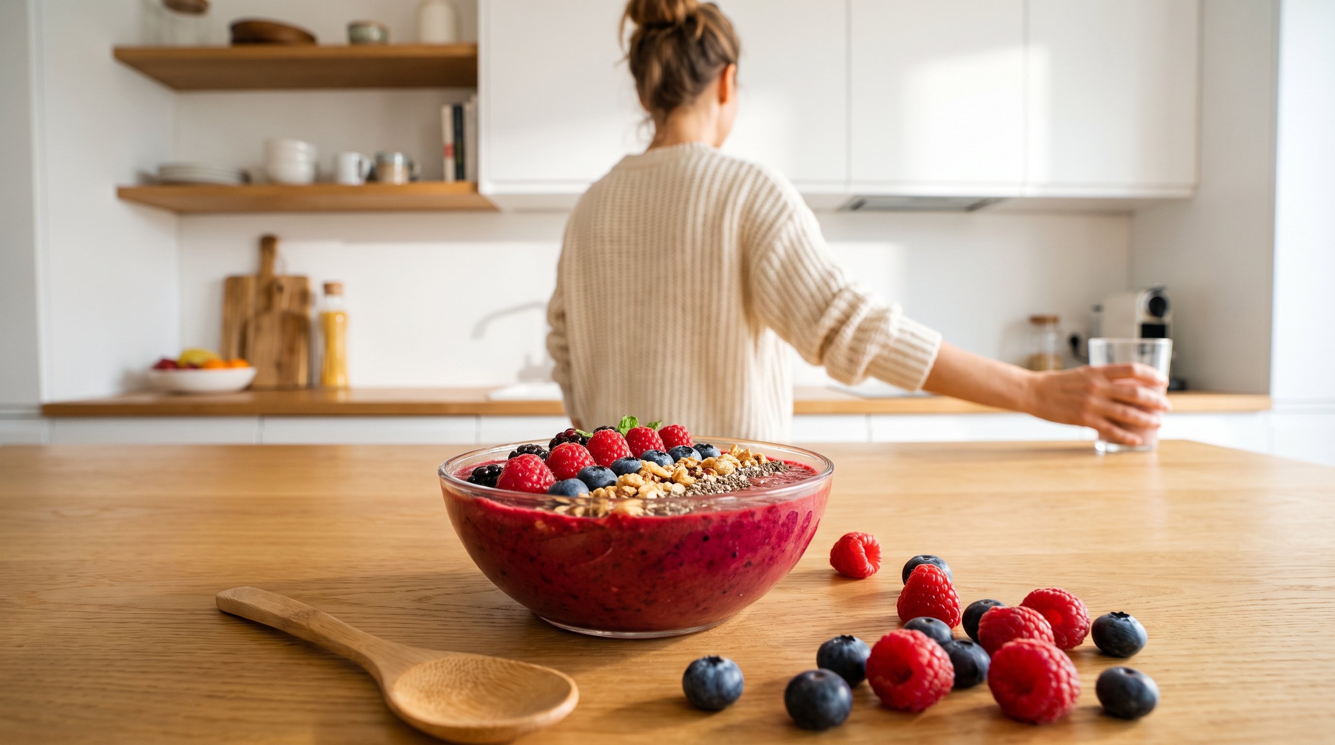 A berry smoothie bowl on a light wood table
