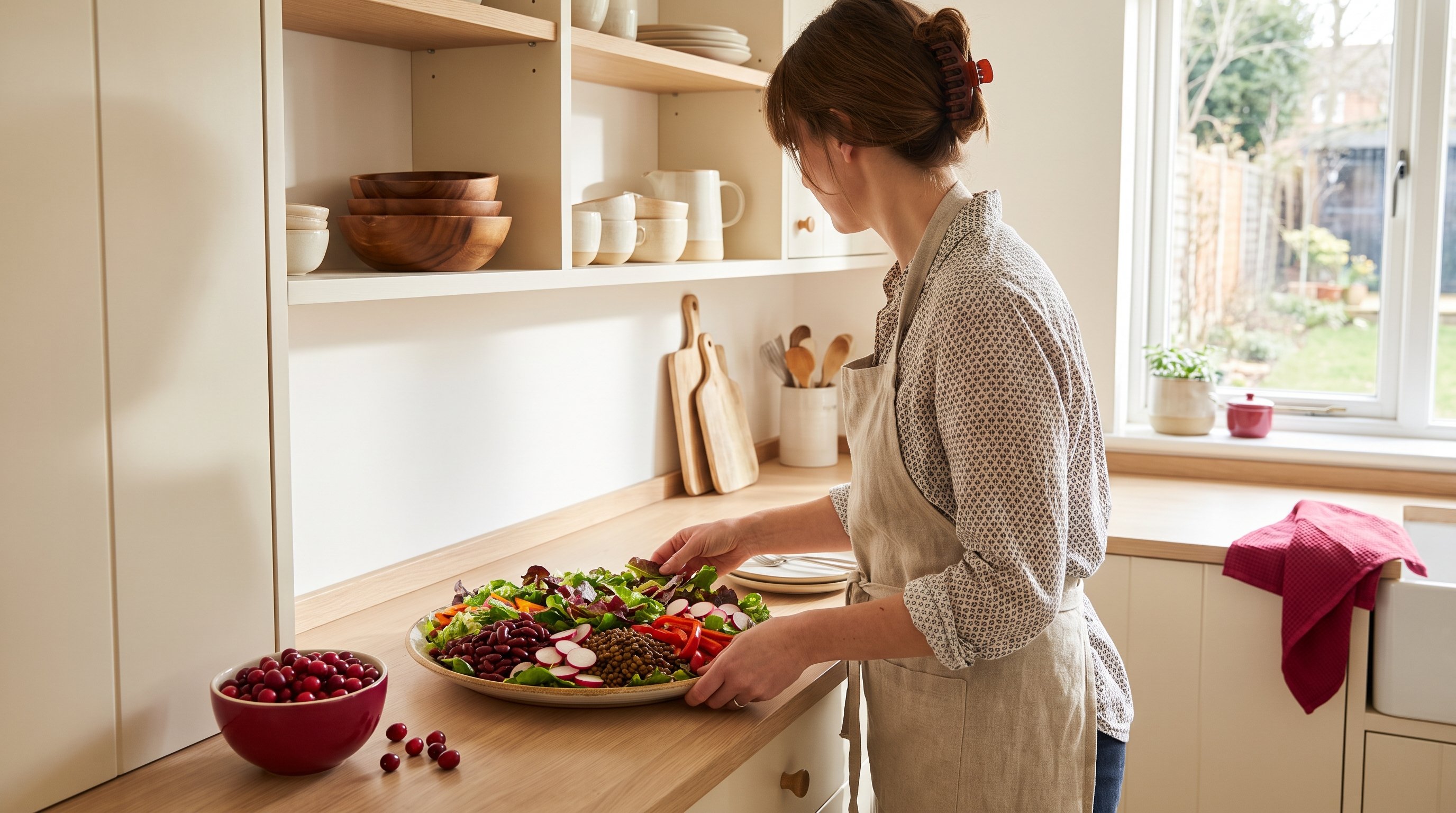 A woman in her 30s plating a colourful salad with beans and greens in a bright modern kitchen