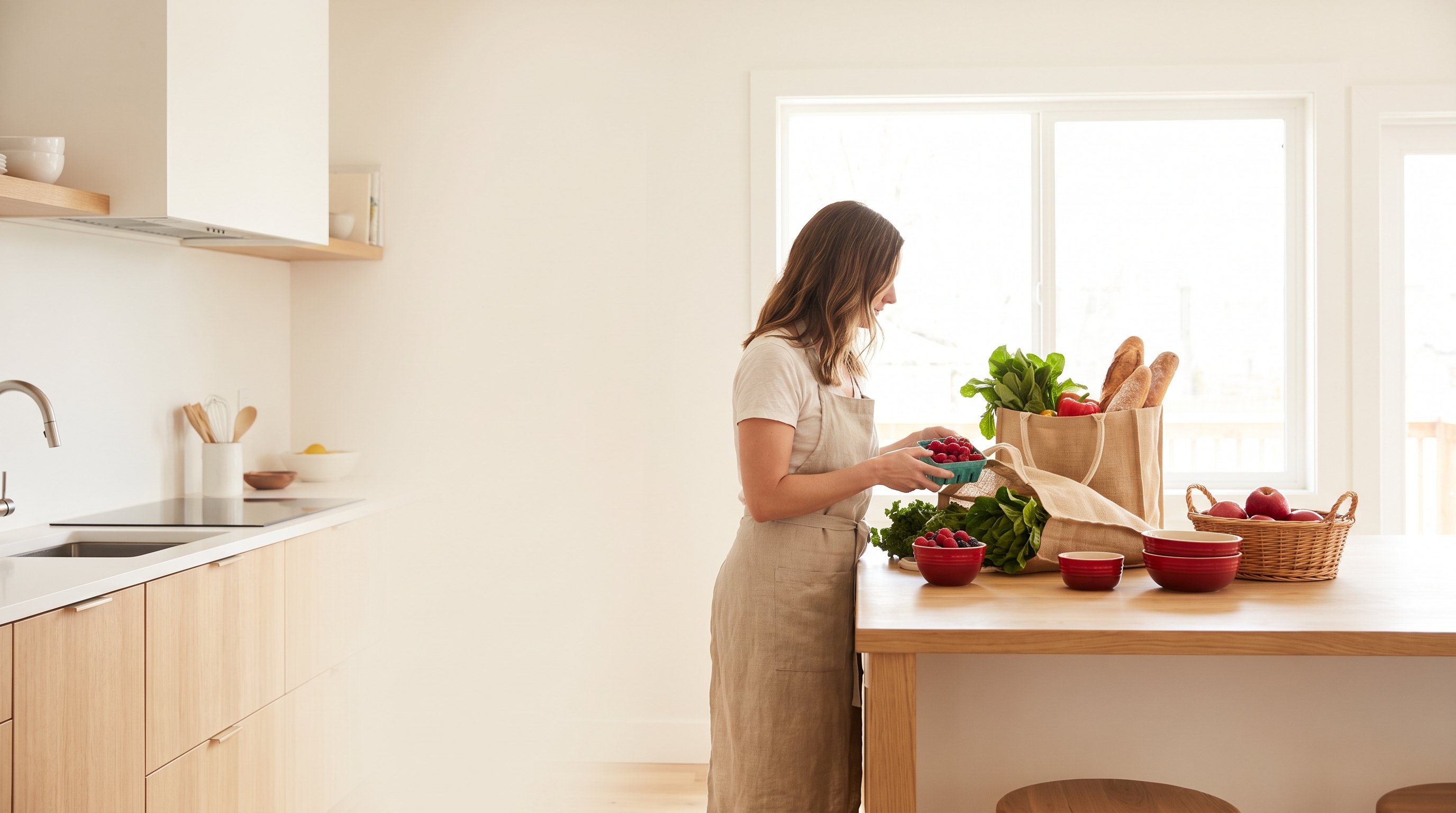 A woman in her 30s unpacking fresh groceries in a bright modern kitchen