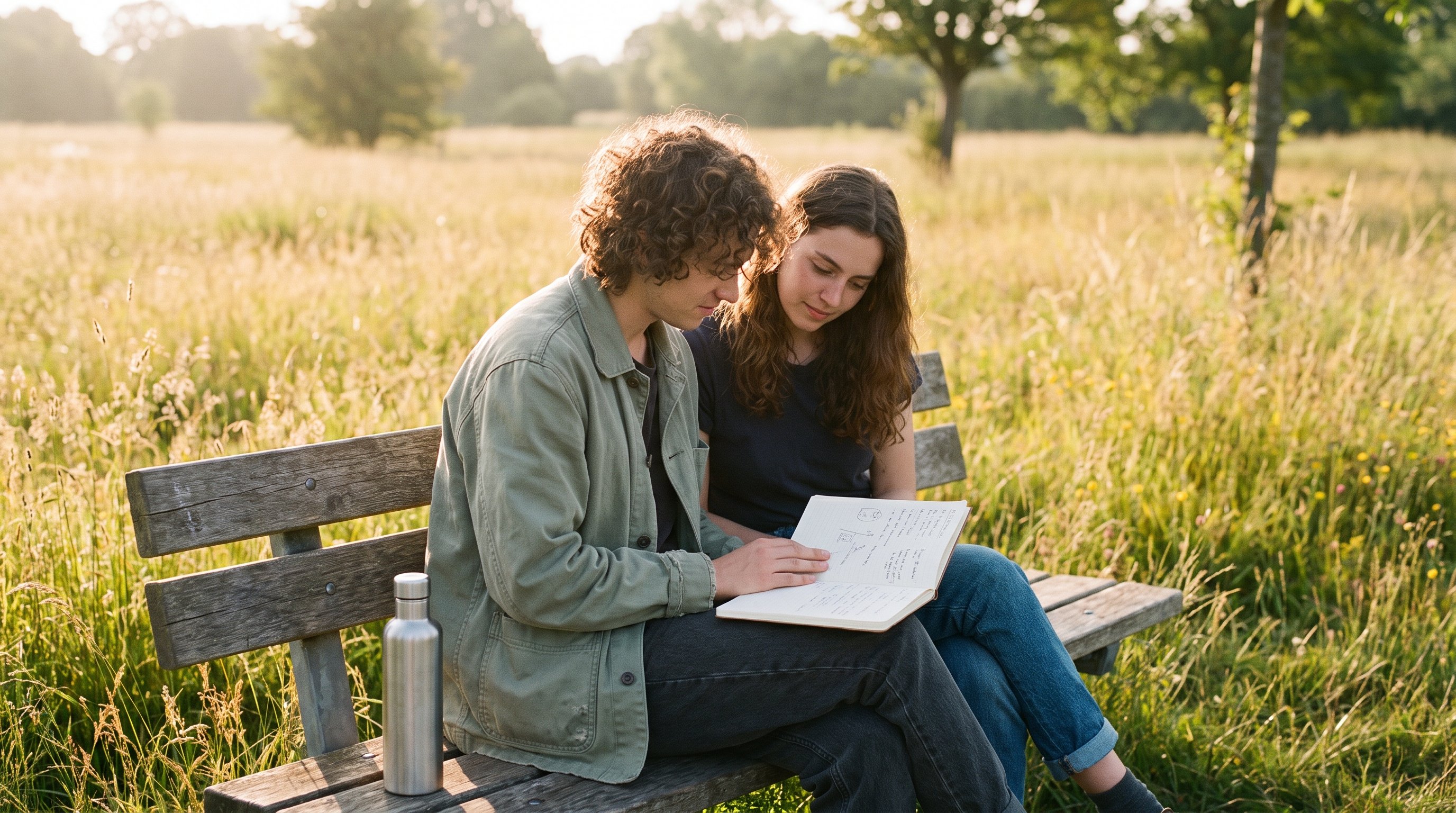 two people reviewing a shared notebook on a park bench