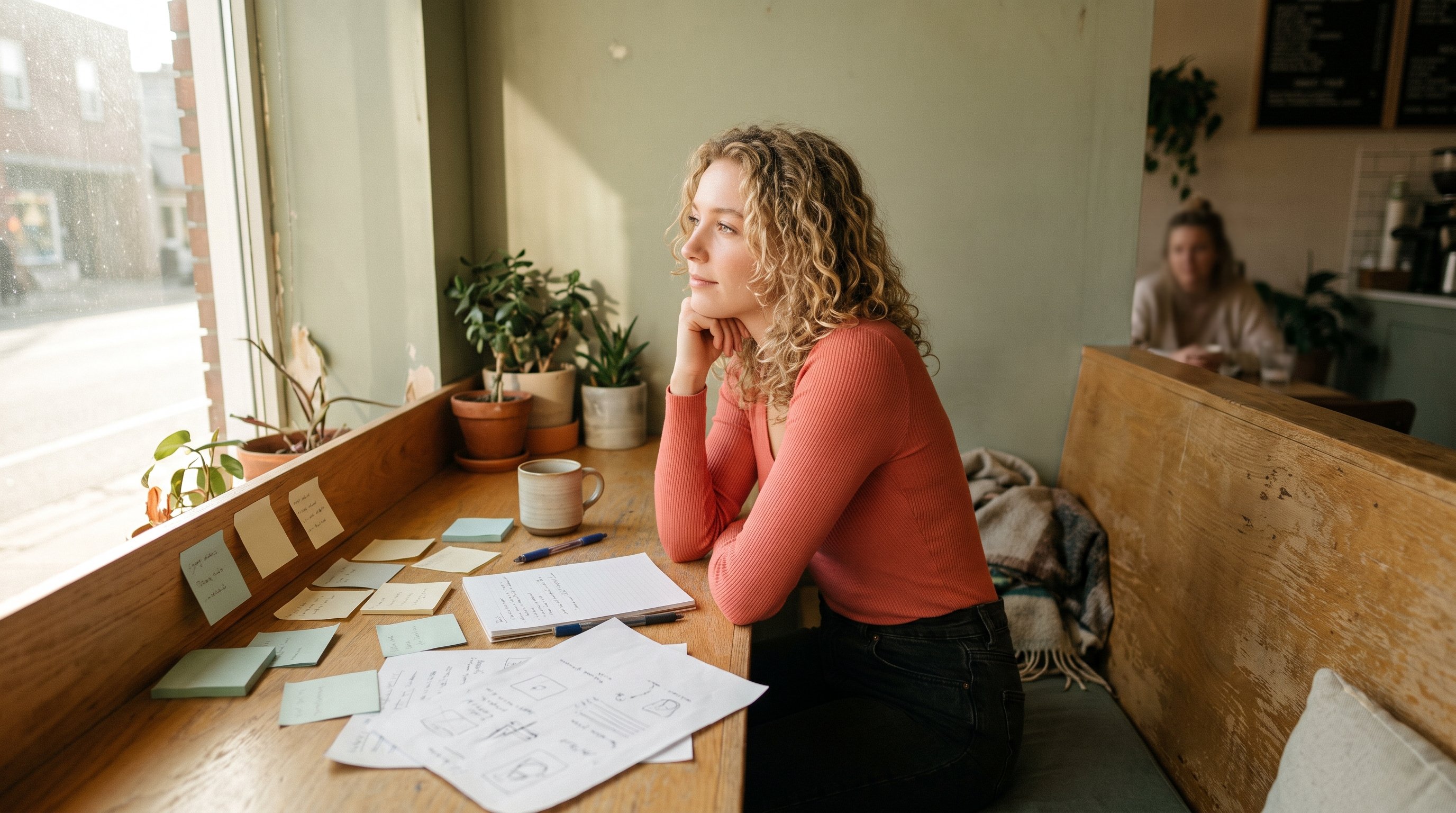 person staring at a cluttered desk with sticky notes
