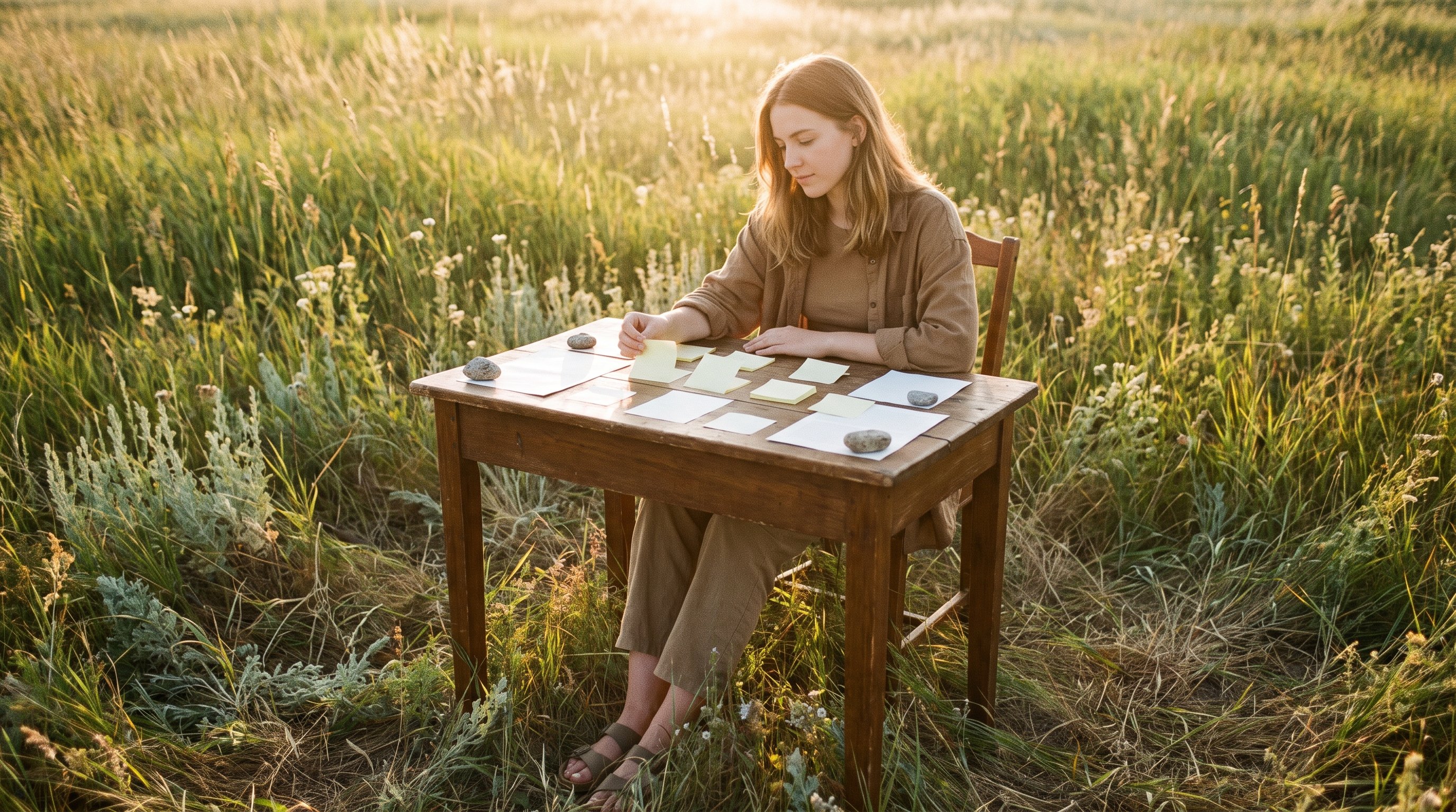 person looking at cluttered desk with sticky notes