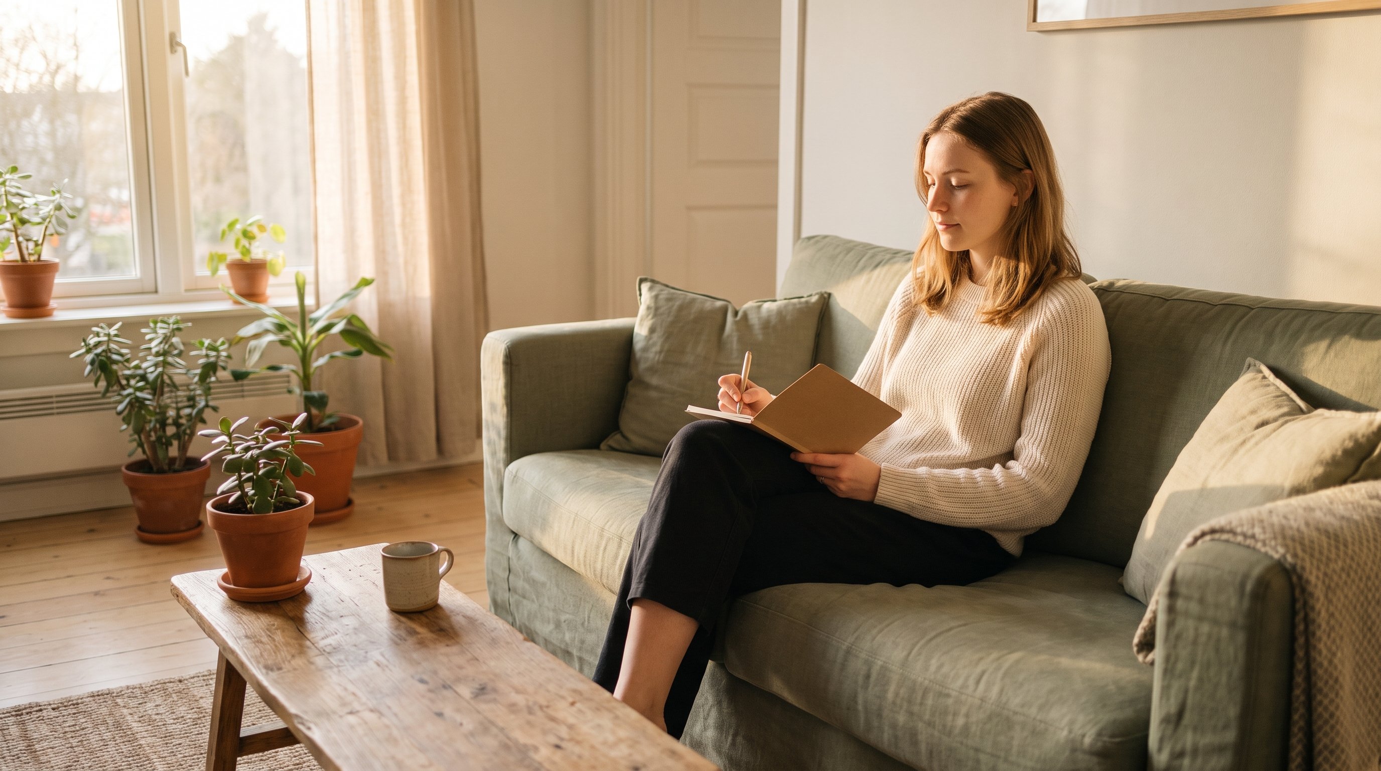 person writing a short task list in a notebook on a sofa