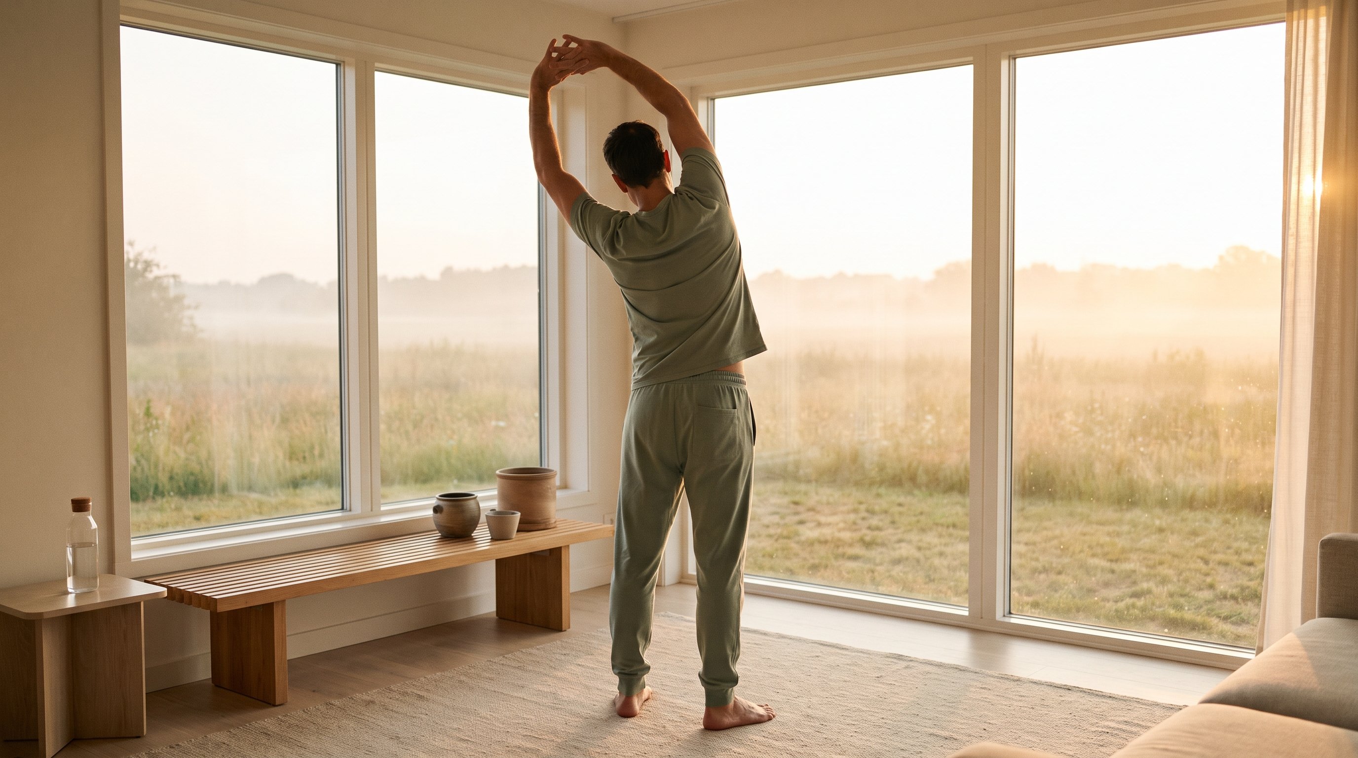 person stretching beside a desk by a window in the early afternoon