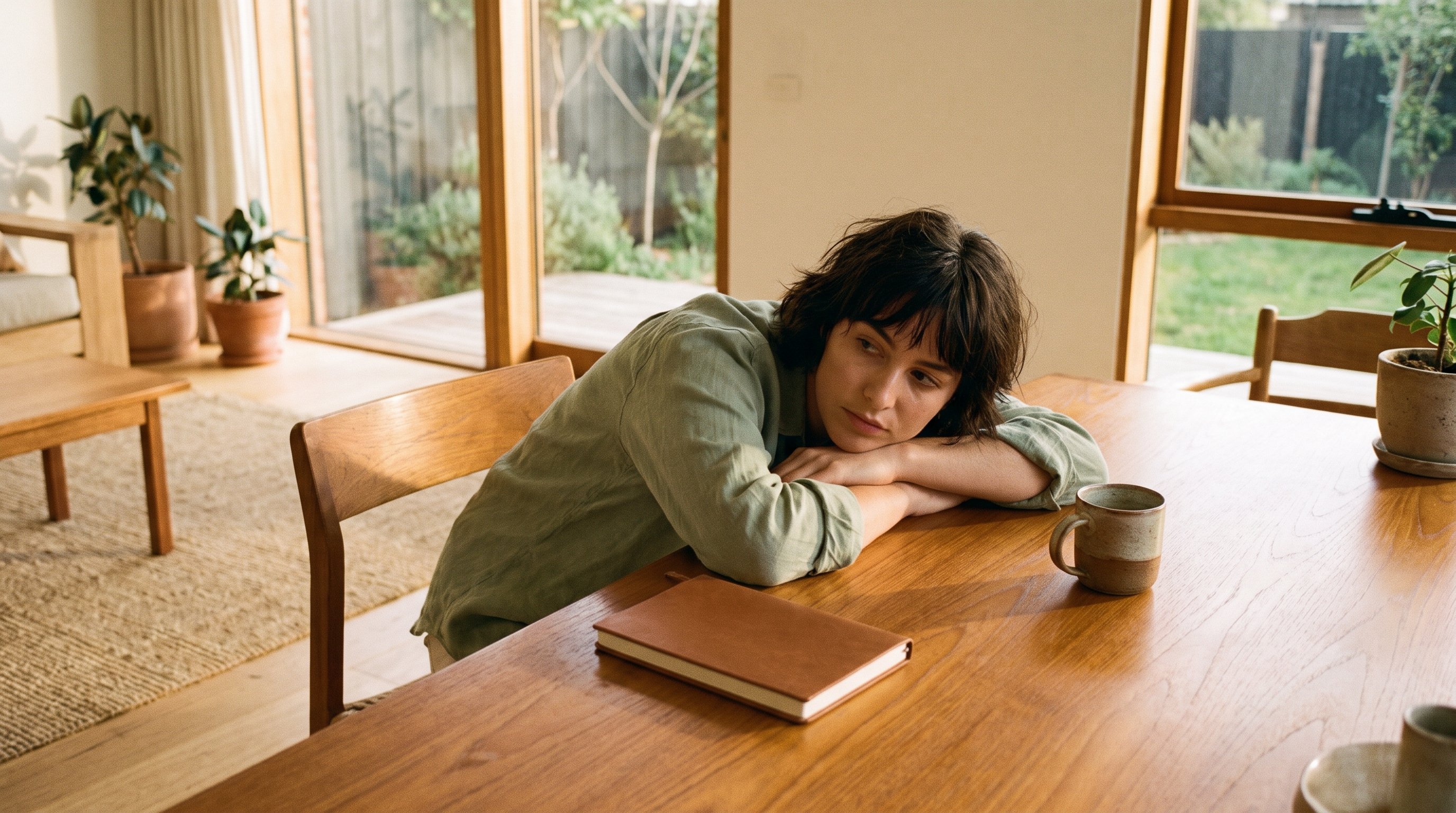 office worker resting head on desk near window in afternoon light