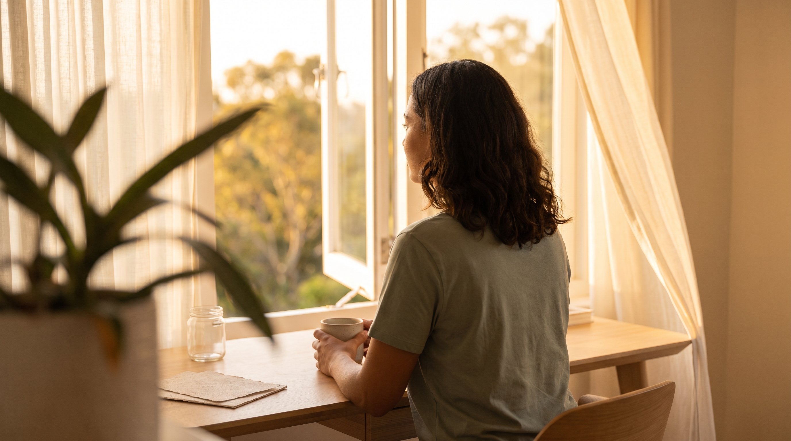 A calm young woman in her late 20s at a wooden desk by a window