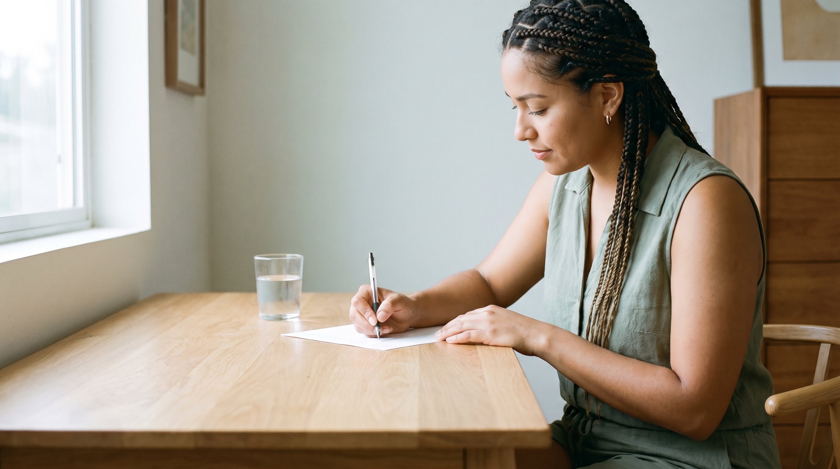 A calm young woman in her late 20s journaling at a tidy desk in the morning