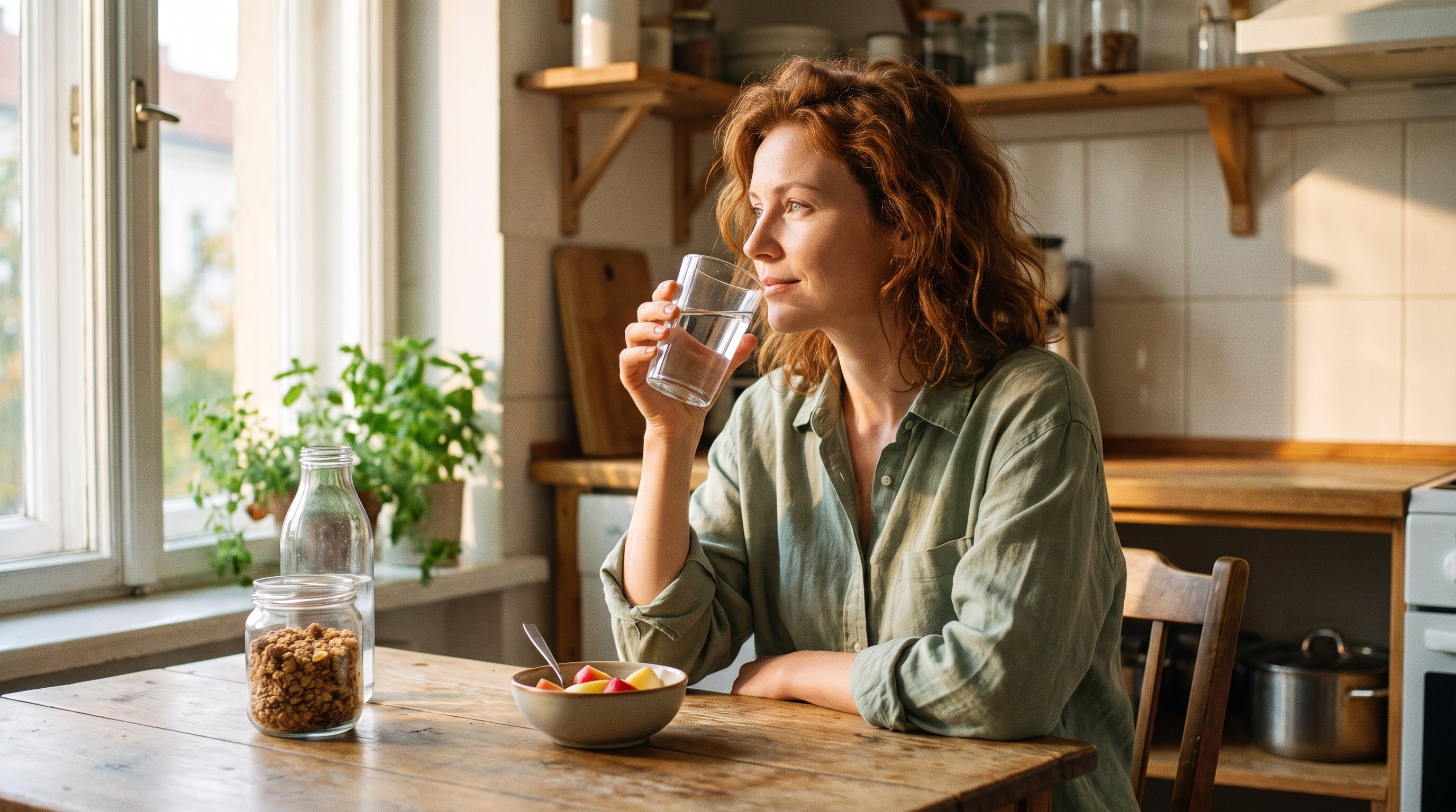 woman opening a laptop at a kitchen table in the morning