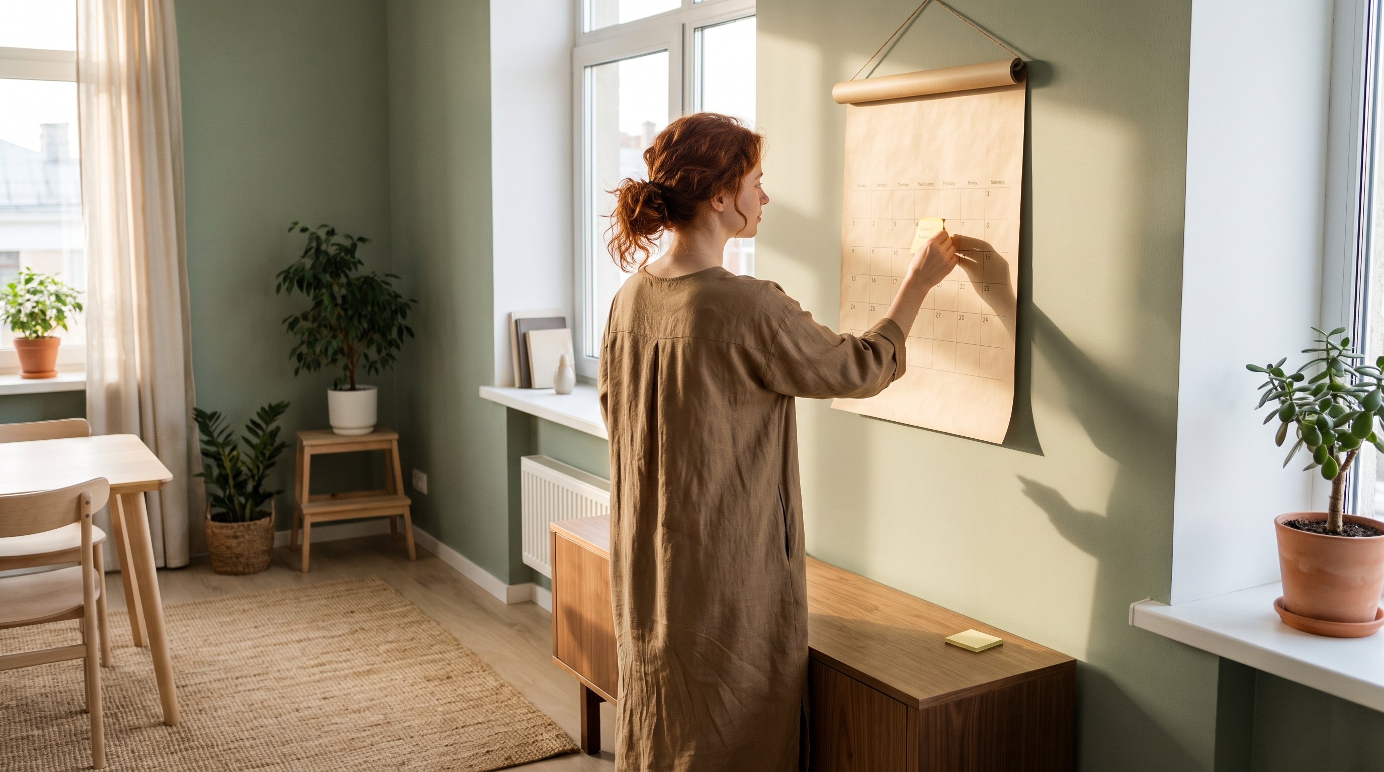 person checking a wall calendar with sticky notes in a home office