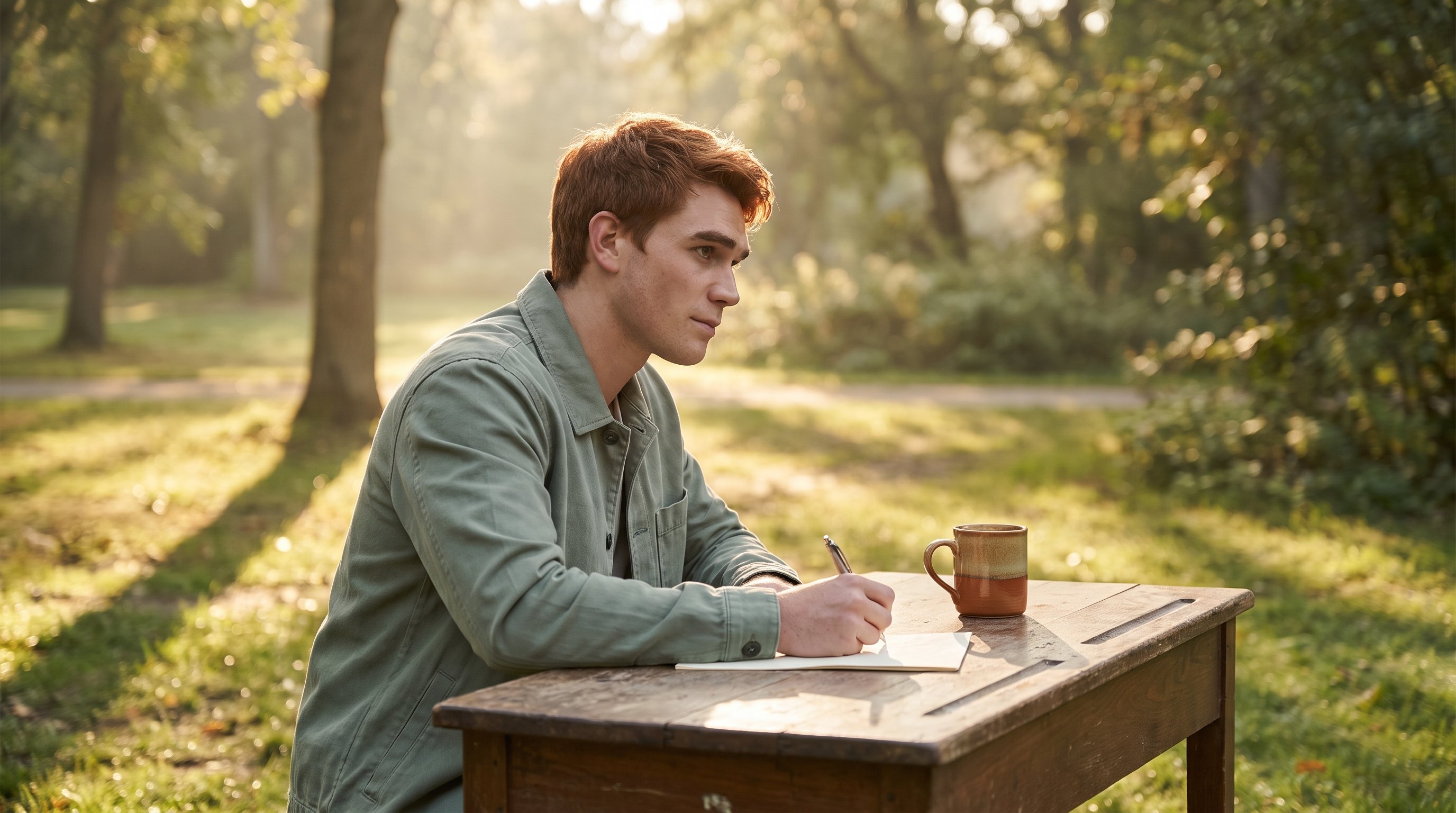 person writing a short task list next to a coffee cup