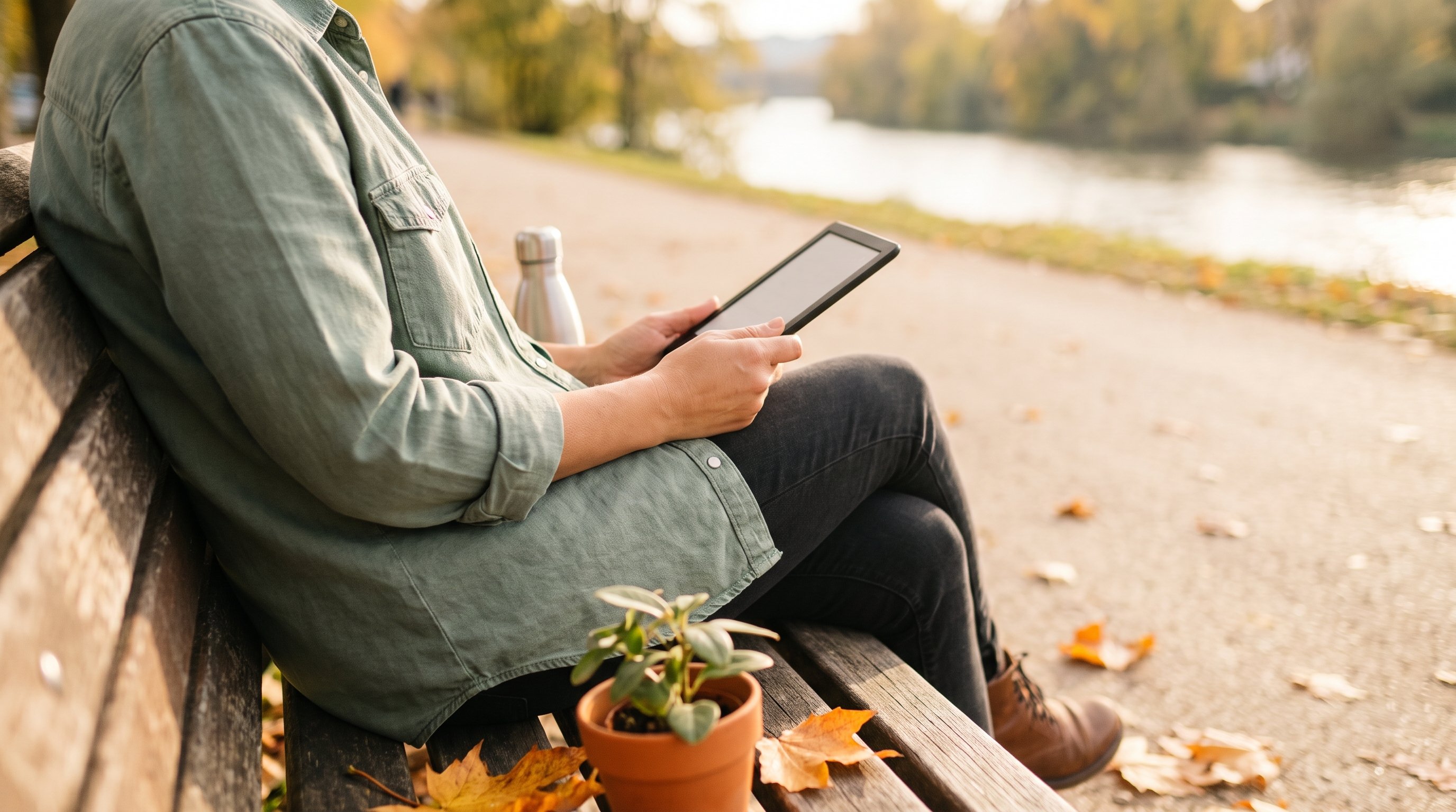 A calm young woman in her late 20s reading on a park bench under trees