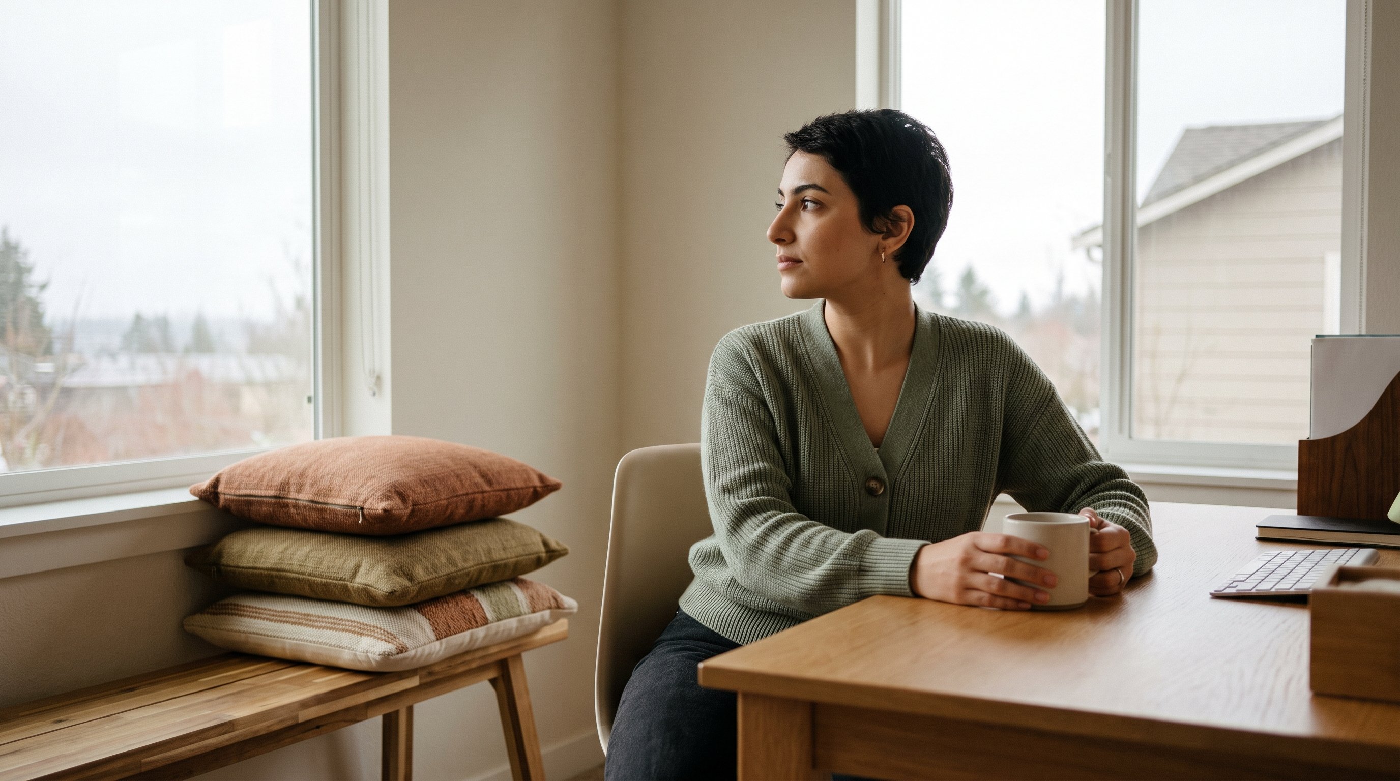 A calm young woman in her late 20s at a wooden desk by a window