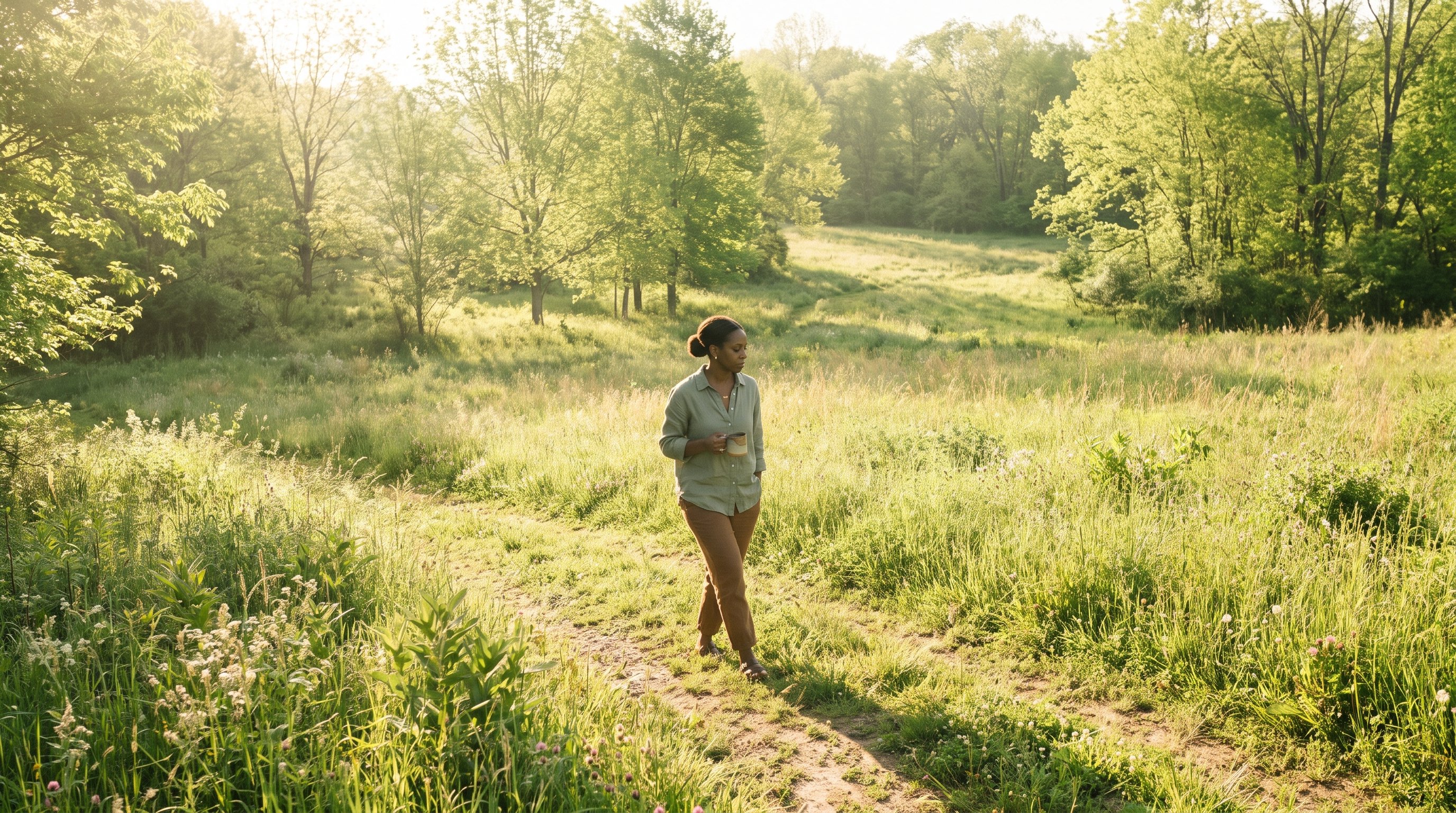 A calm young woman in her late 20s taking a slow morning walk through a meadow path