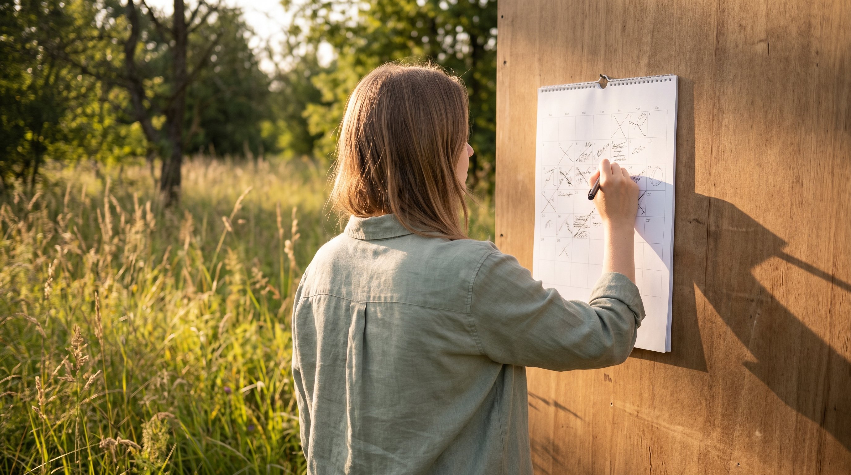 person checking a weekly progress chart on a wall calendar