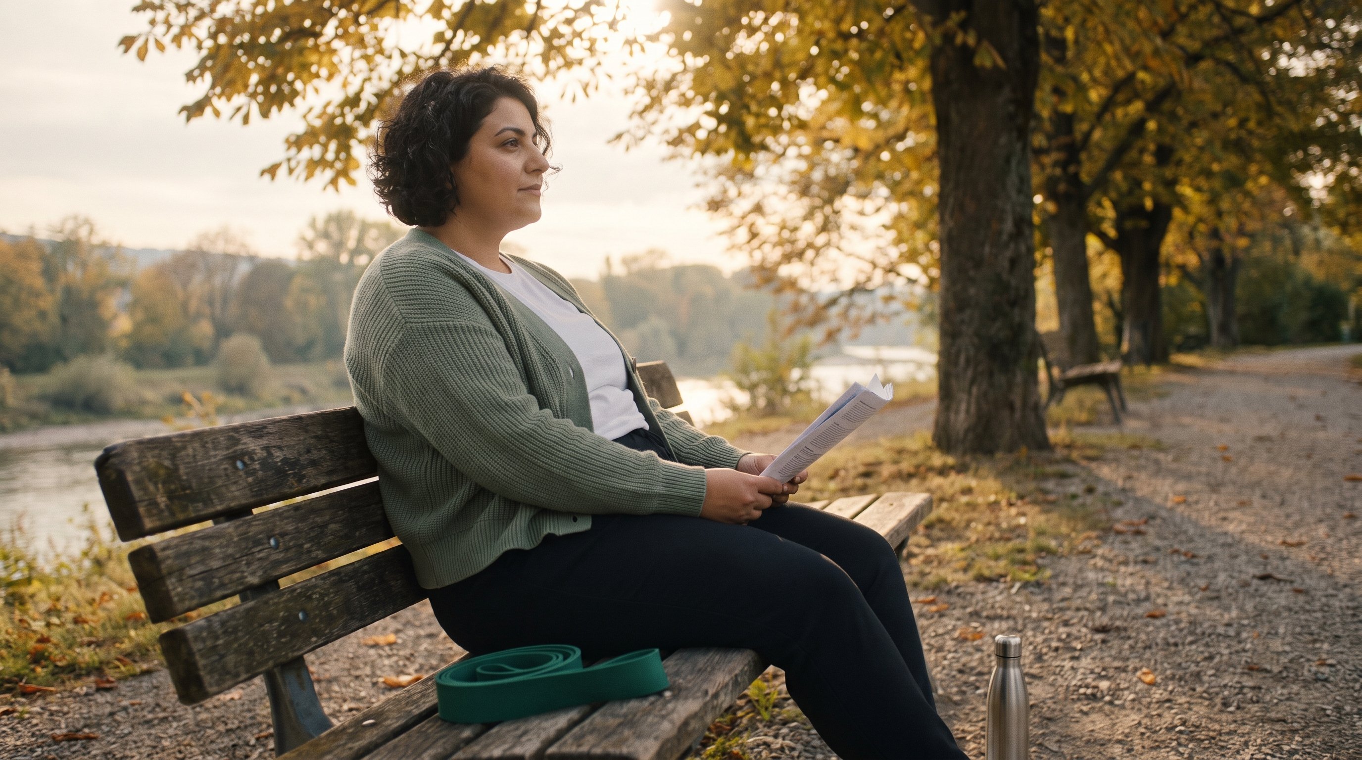 A calm young woman in her late 20s reading on a park bench under trees