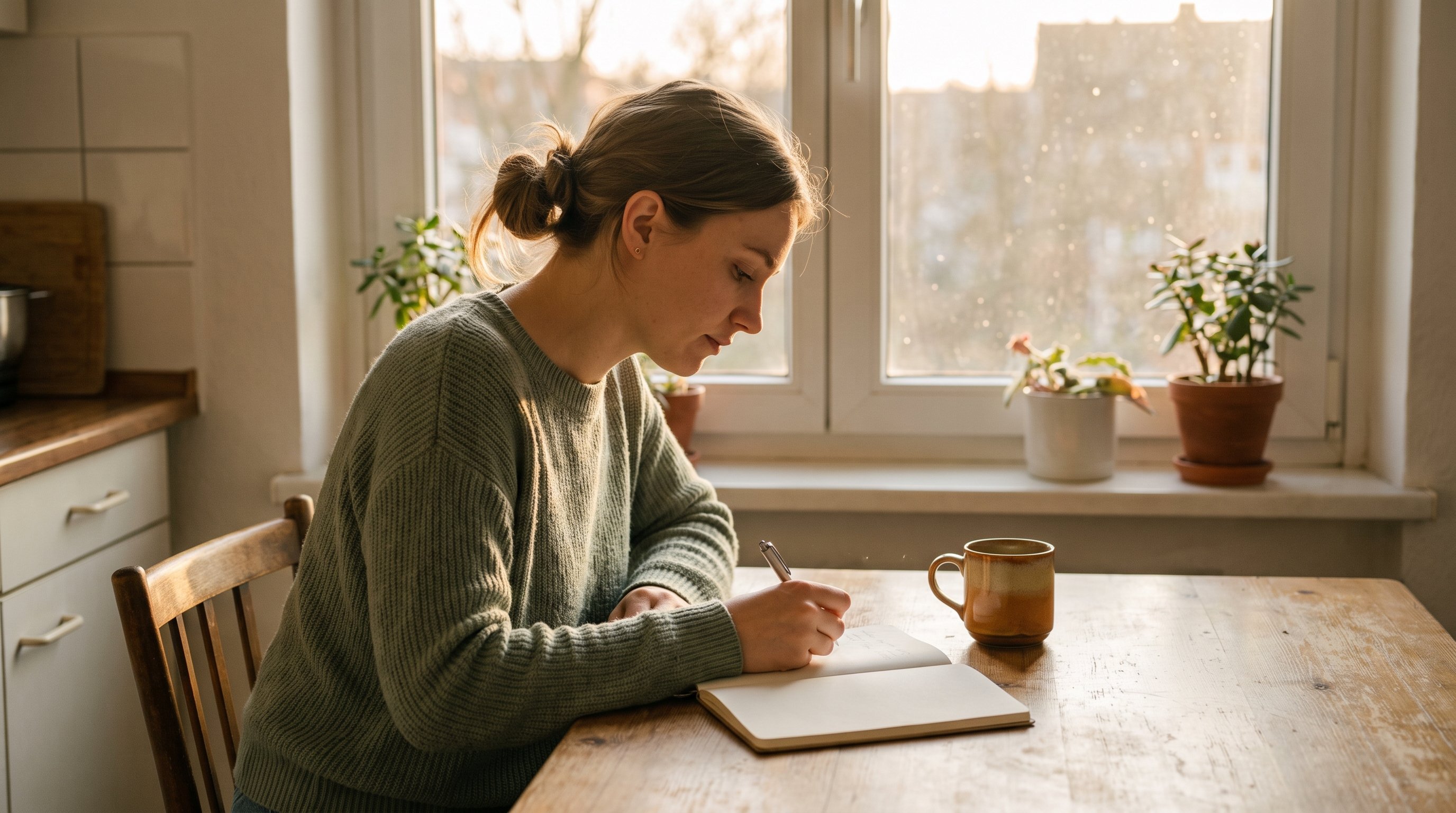 person writing one habit on a notepad at a kitchen table