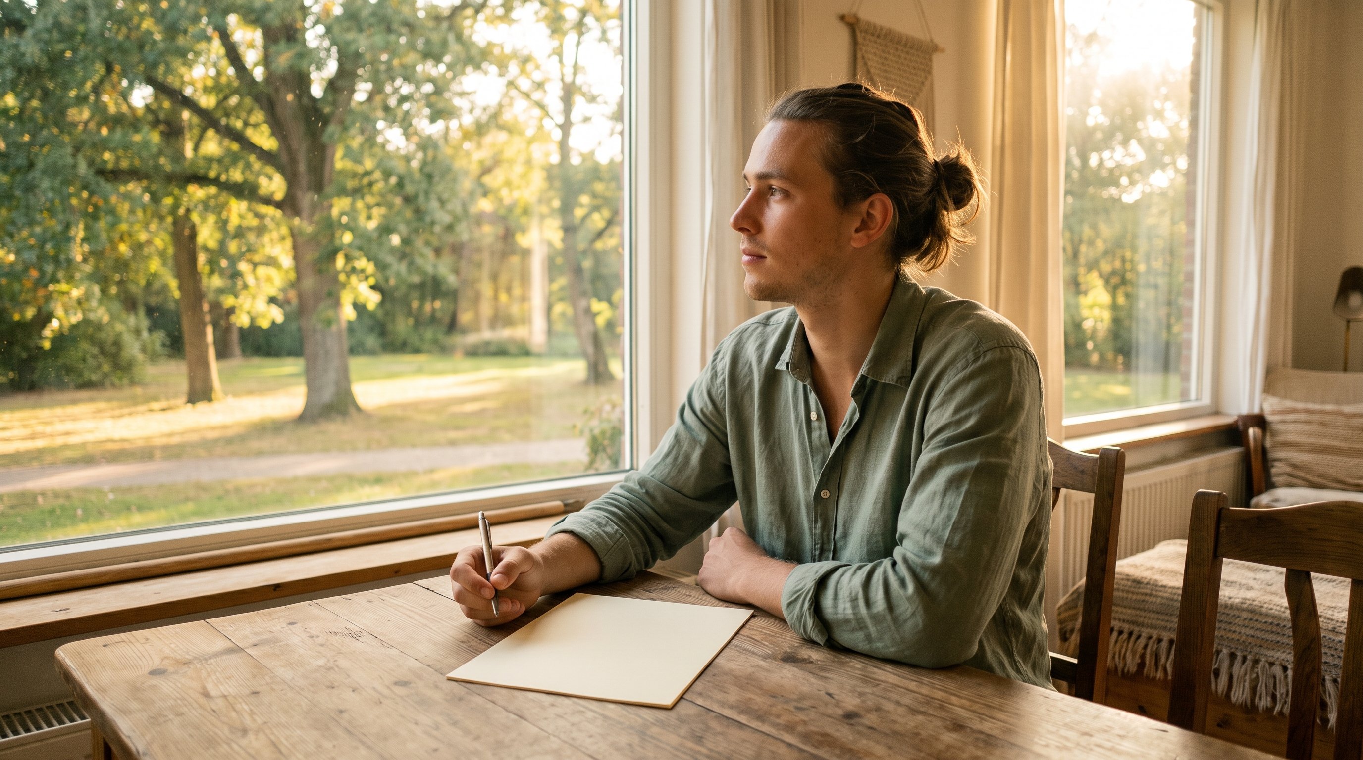 woman writing a short to-do list at a kitchen table