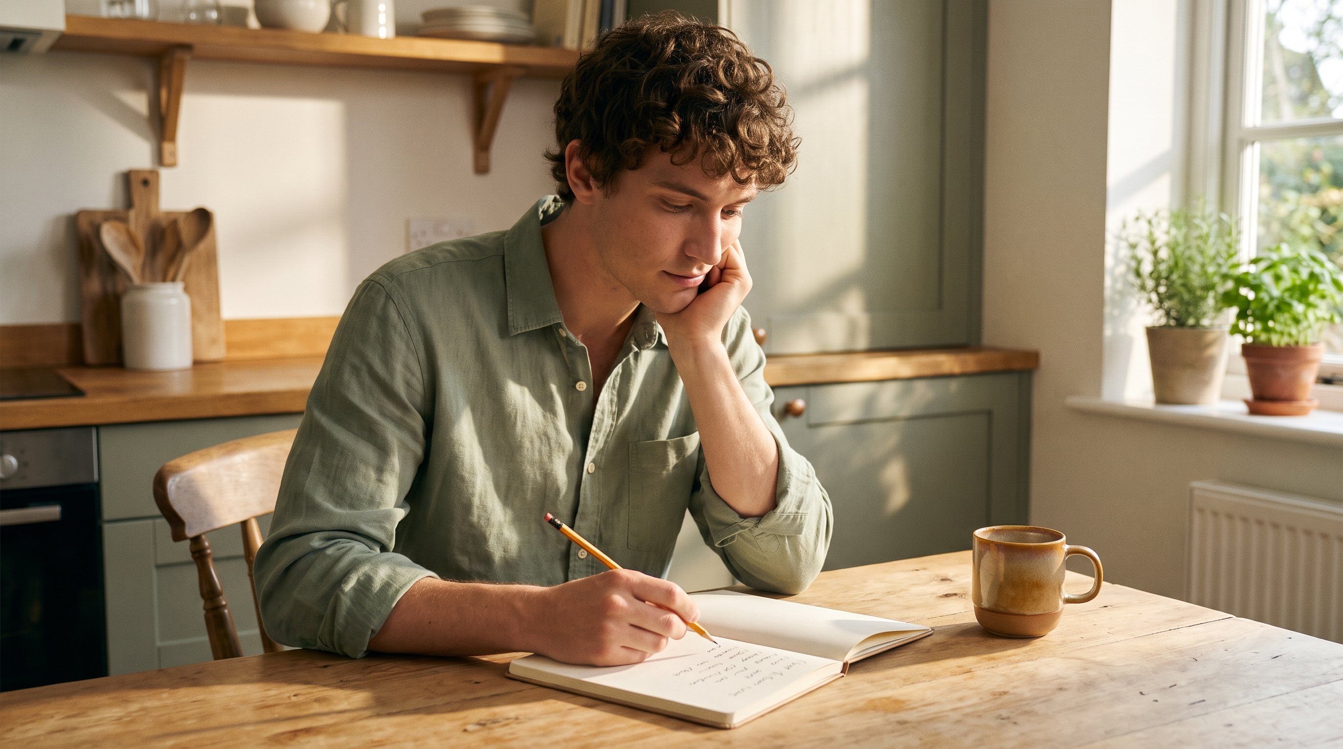 person checking a notebook list at a kitchen table in the morning