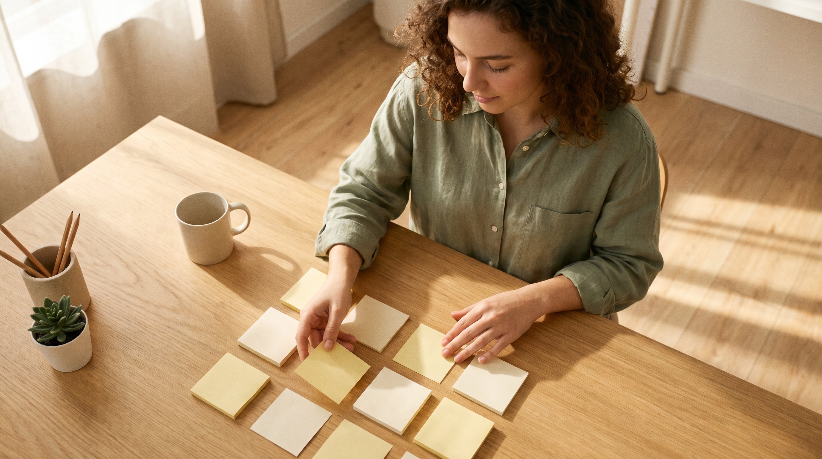 person sorting sticky notes into columns on a desk